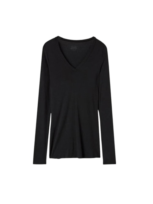 Camisola Decote v Em Modal Ultralight Com Cashmere - Preto