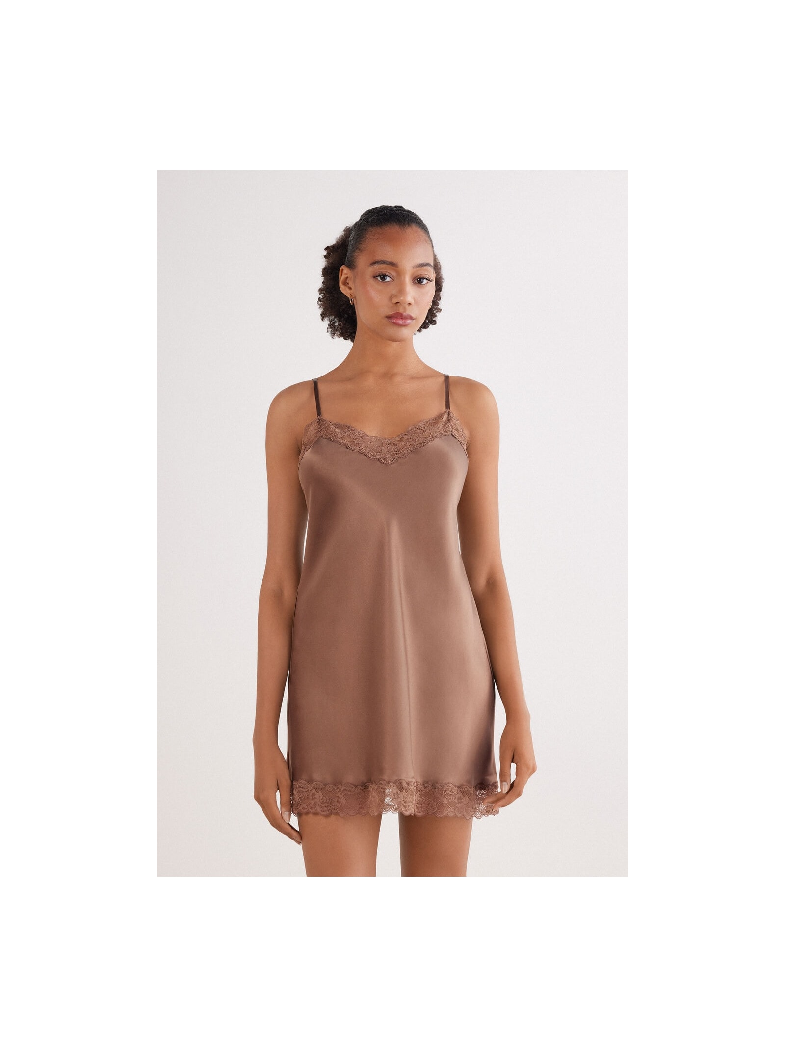 Camisola Em Seda e Renda Marrom Intimissimi