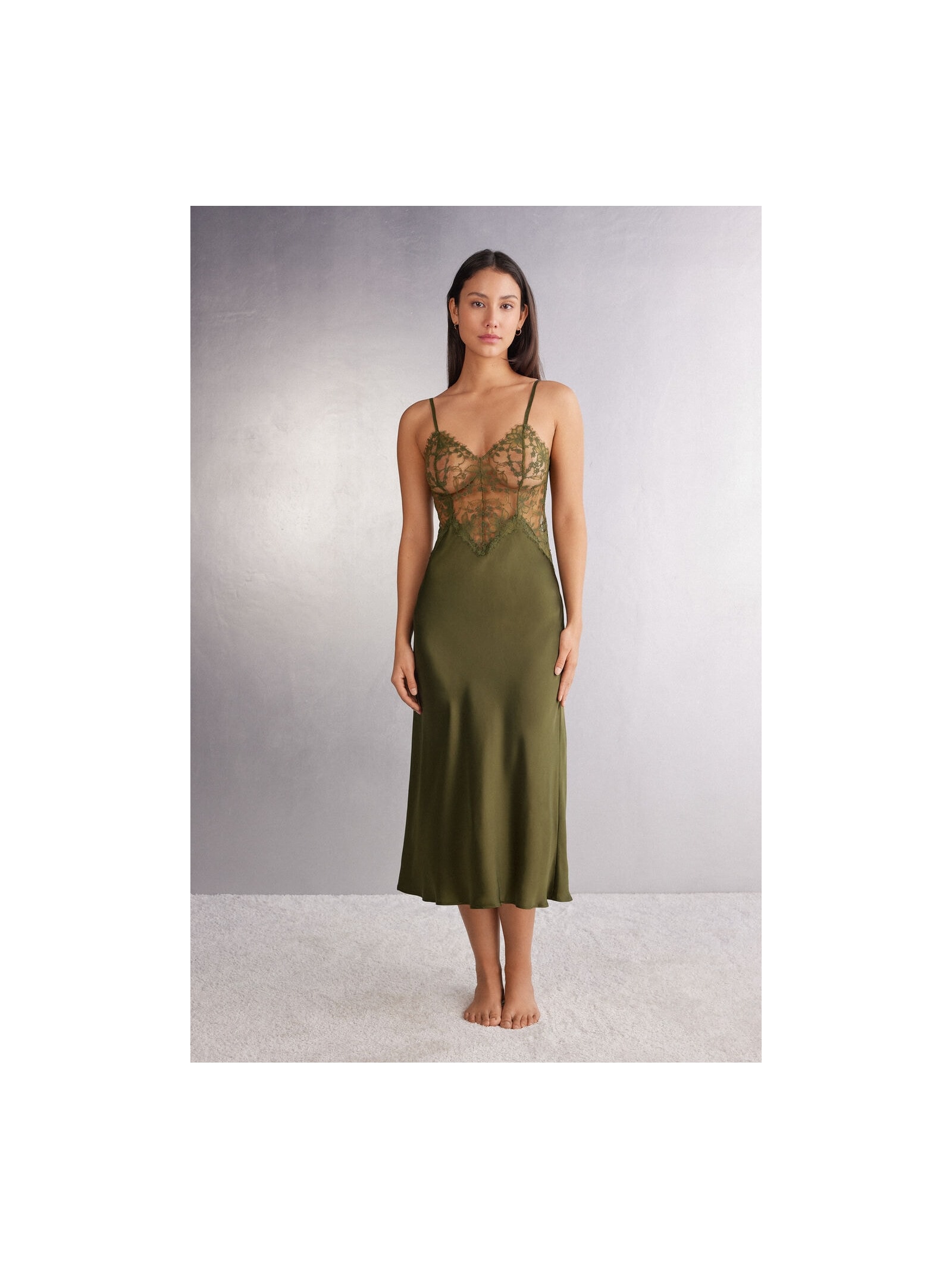 Camisola Longa Em Seda e Renda Imaginary Journey Verde Intimissimi