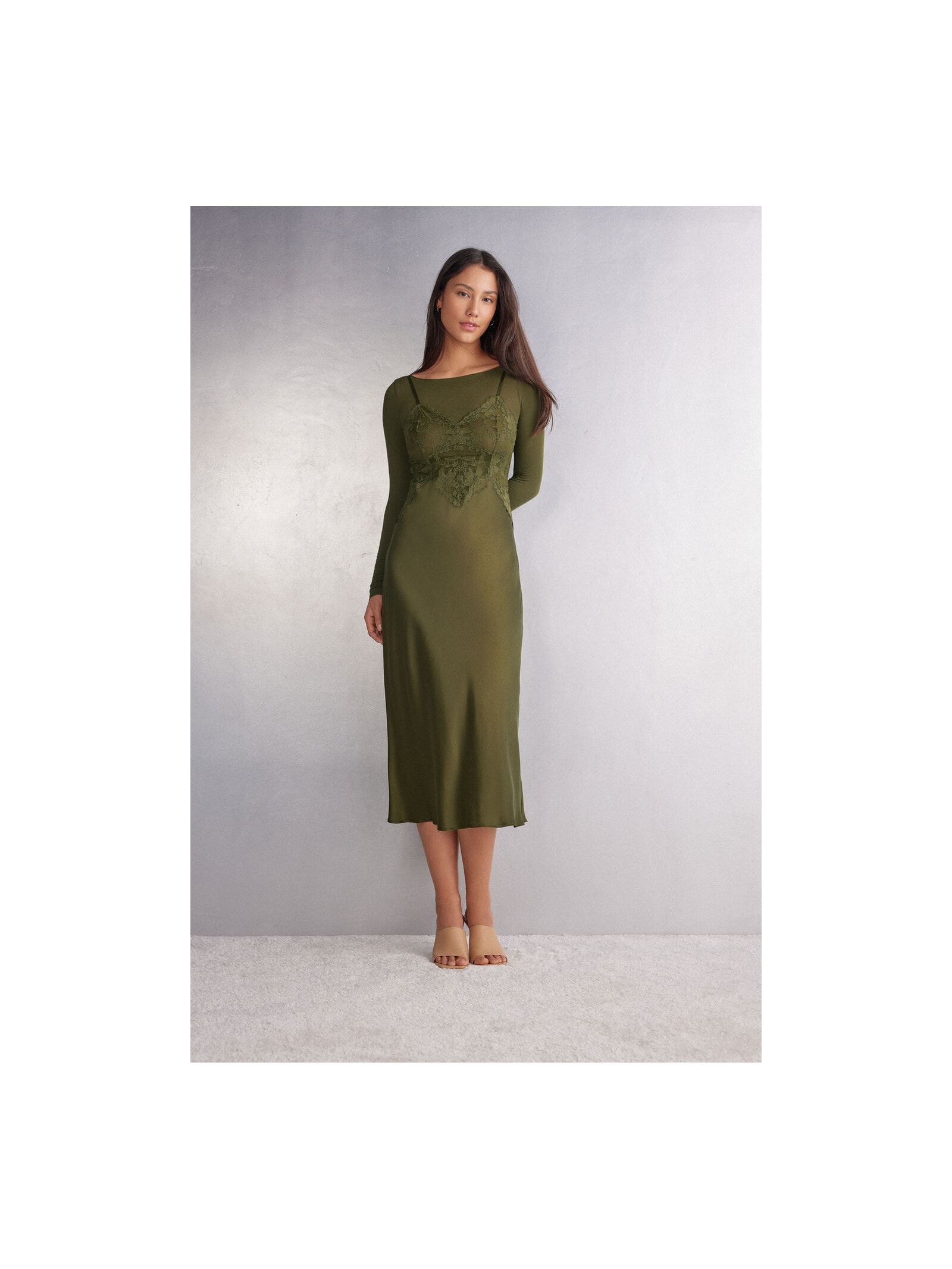 Camisola Longa Em Seda e Renda Imaginary Journey Verde Intimissimi