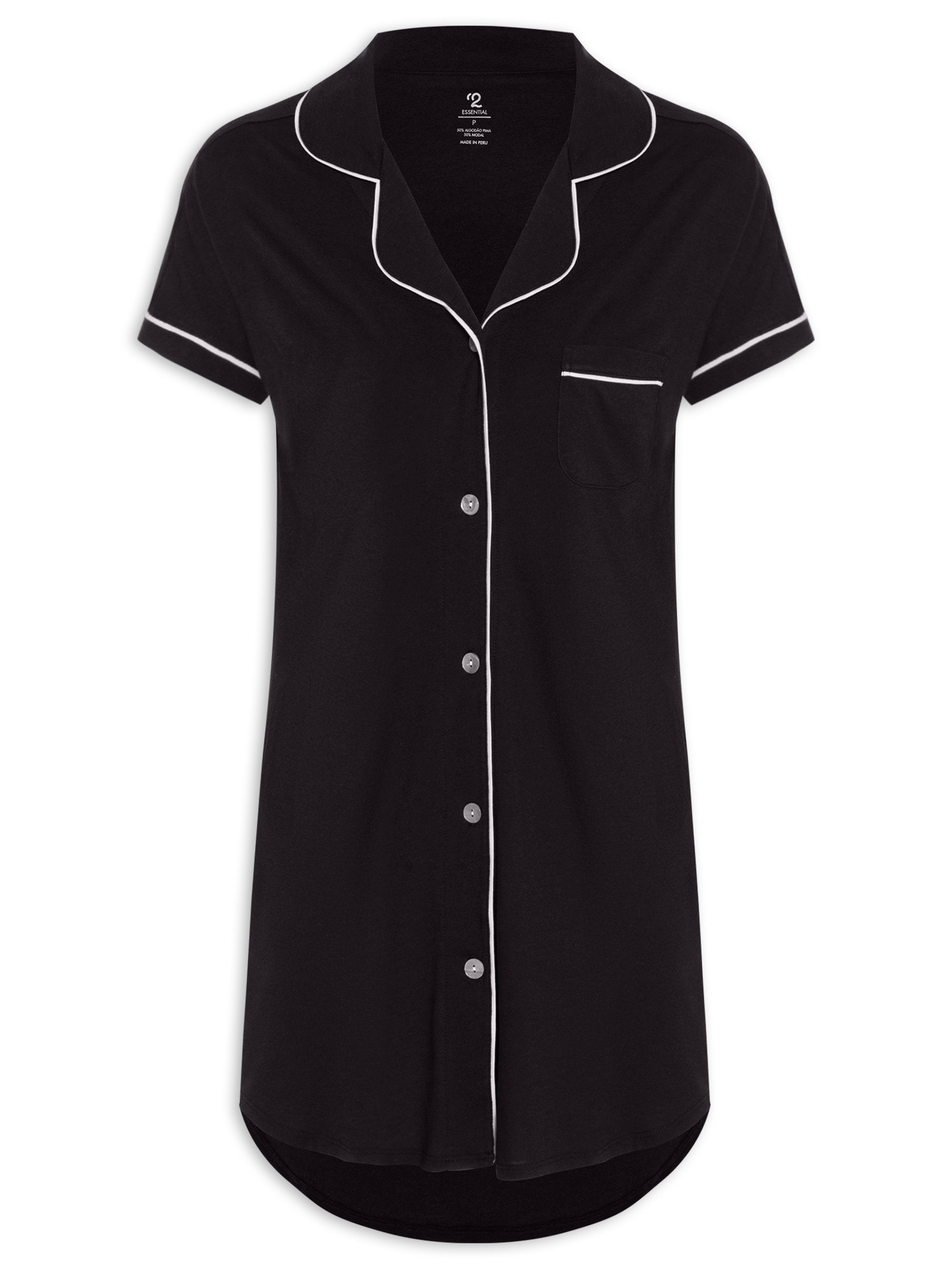 Camisola Manga Curta De Algodão Pima Com Botão Preto '2Essential