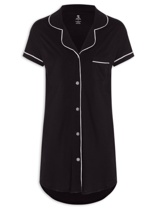 Camisola Manga Curta De Algodão Pima Com Botão – Preto