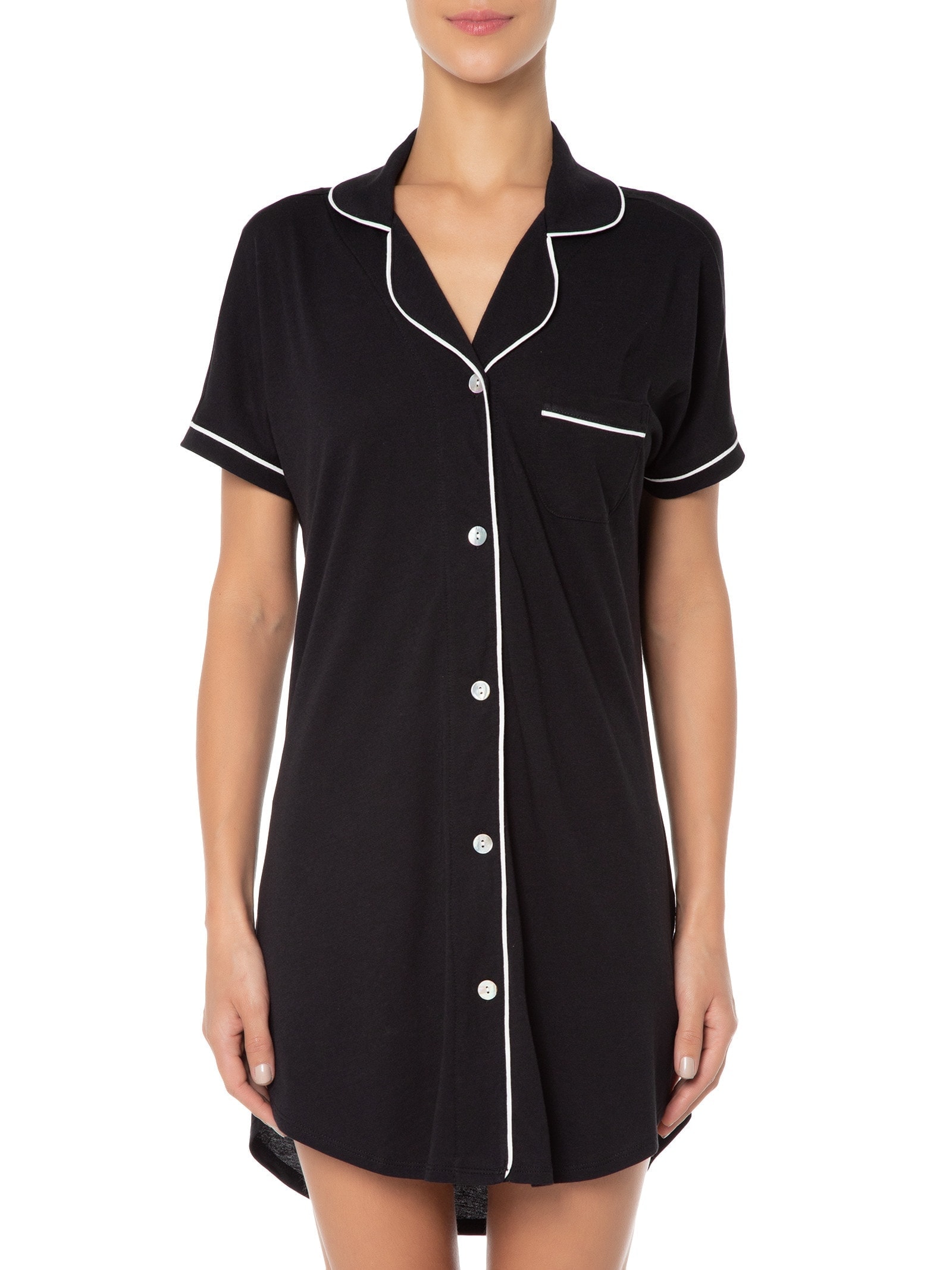 Camisola Manga Curta De Algodão Pima Com Botão Preto '2Essential