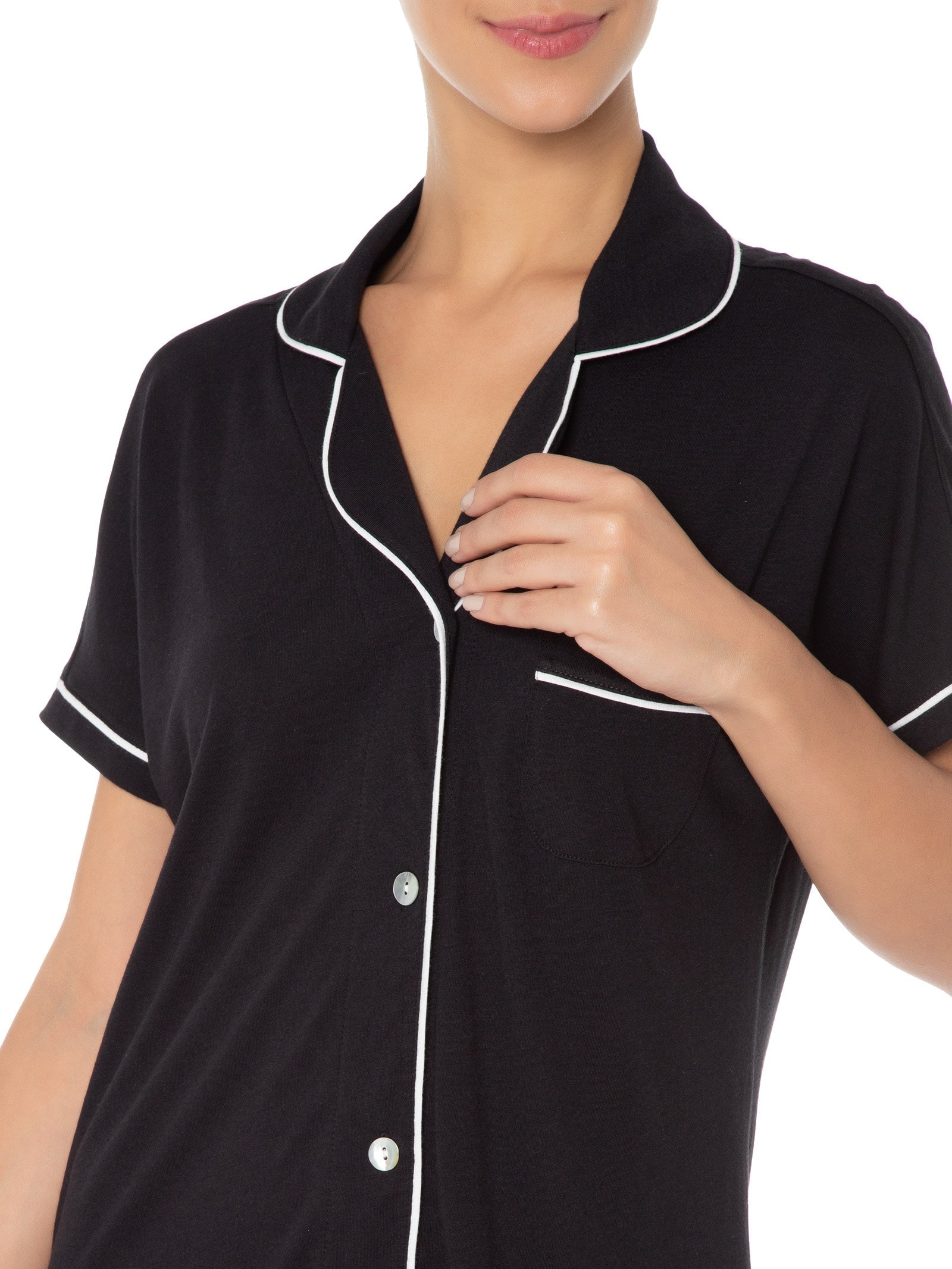 Camisola Manga Curta De Algodão Pima Com Botão Preto '2Essential