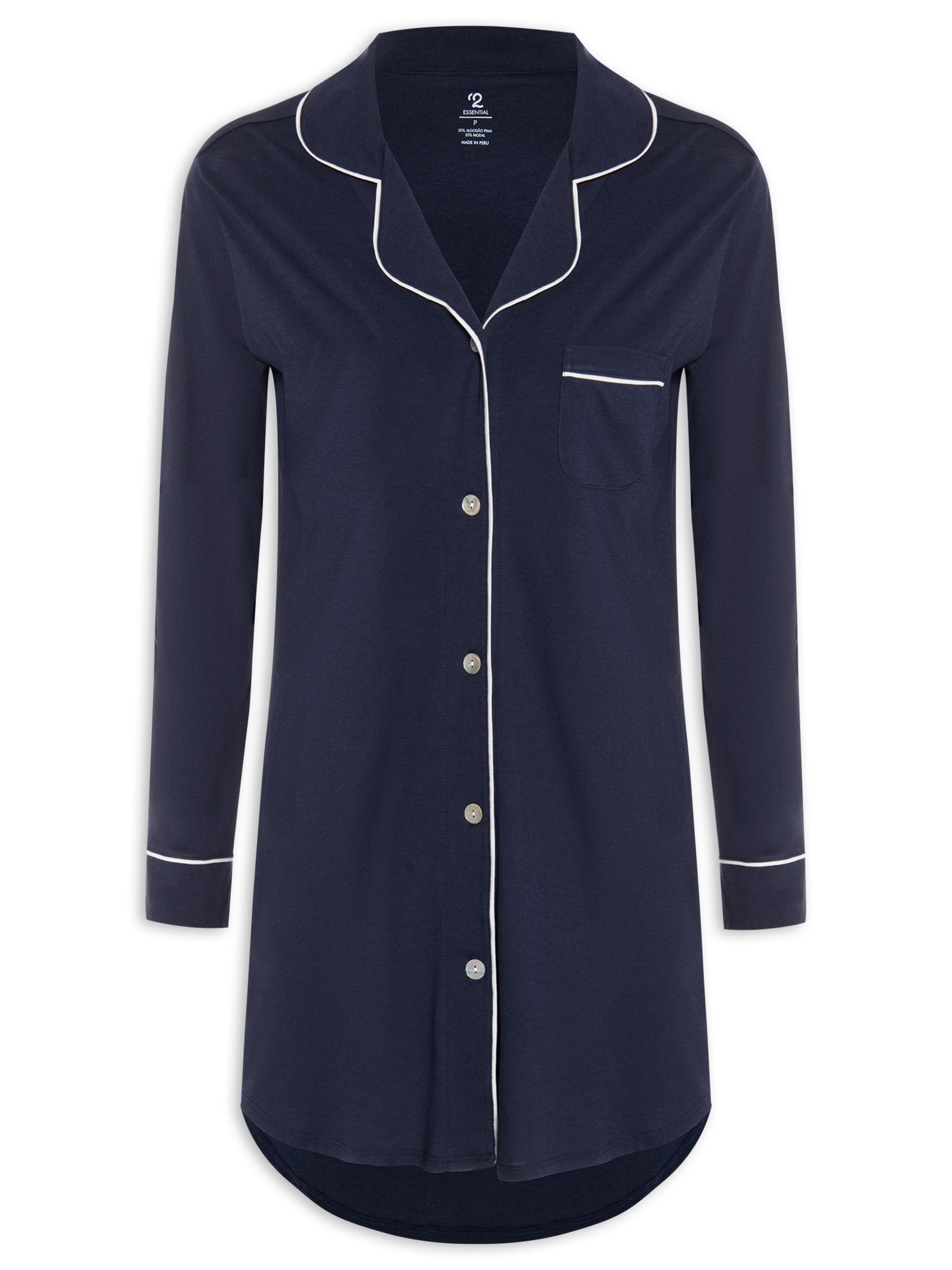 Camisola Manga Longa De Algodão Pima Com Botão Azul '2Essential