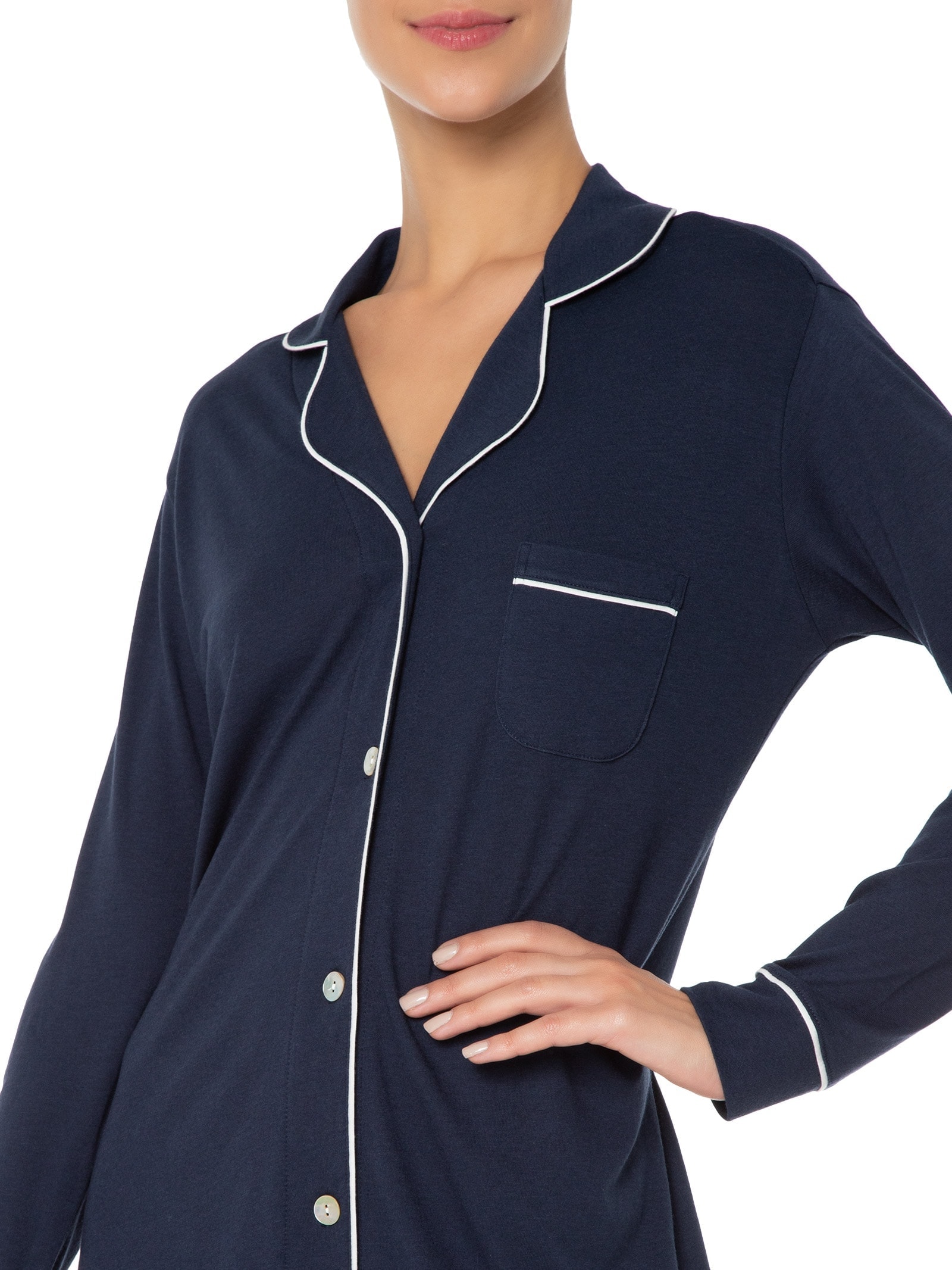 Camisola Manga Longa De Algodão Pima Com Botão Azul '2Essential