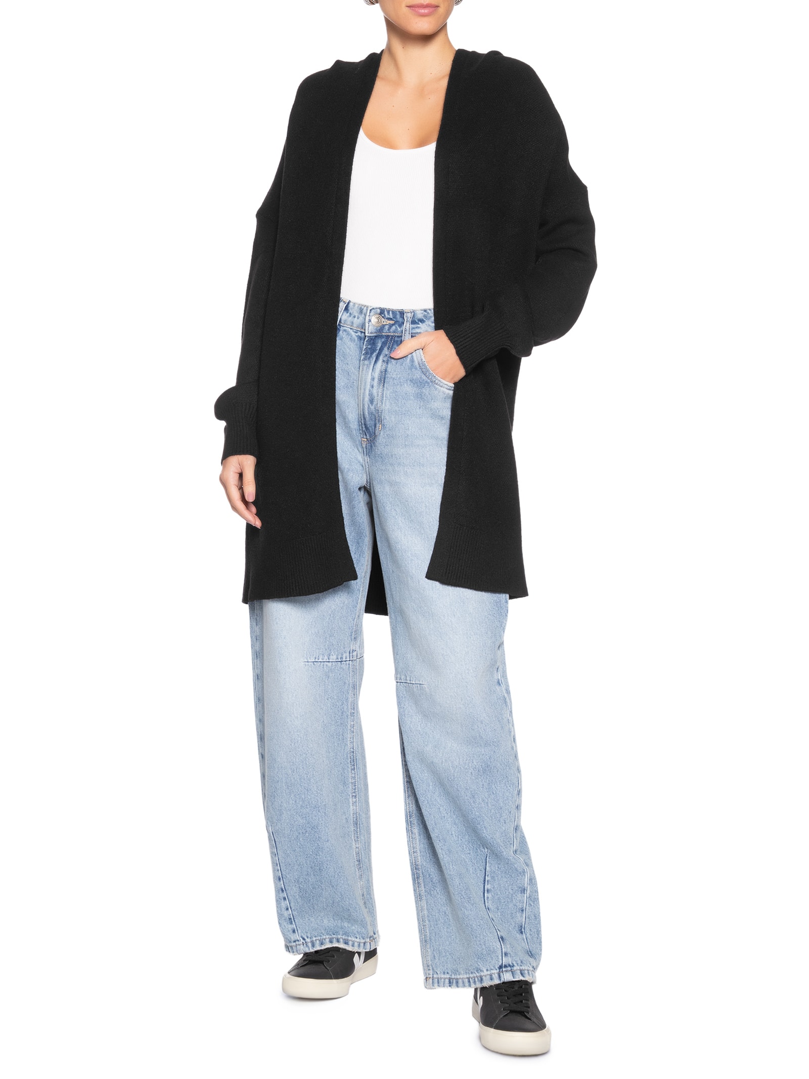 Cardigã Feminino Alongada Com Capuz Preto Basiq