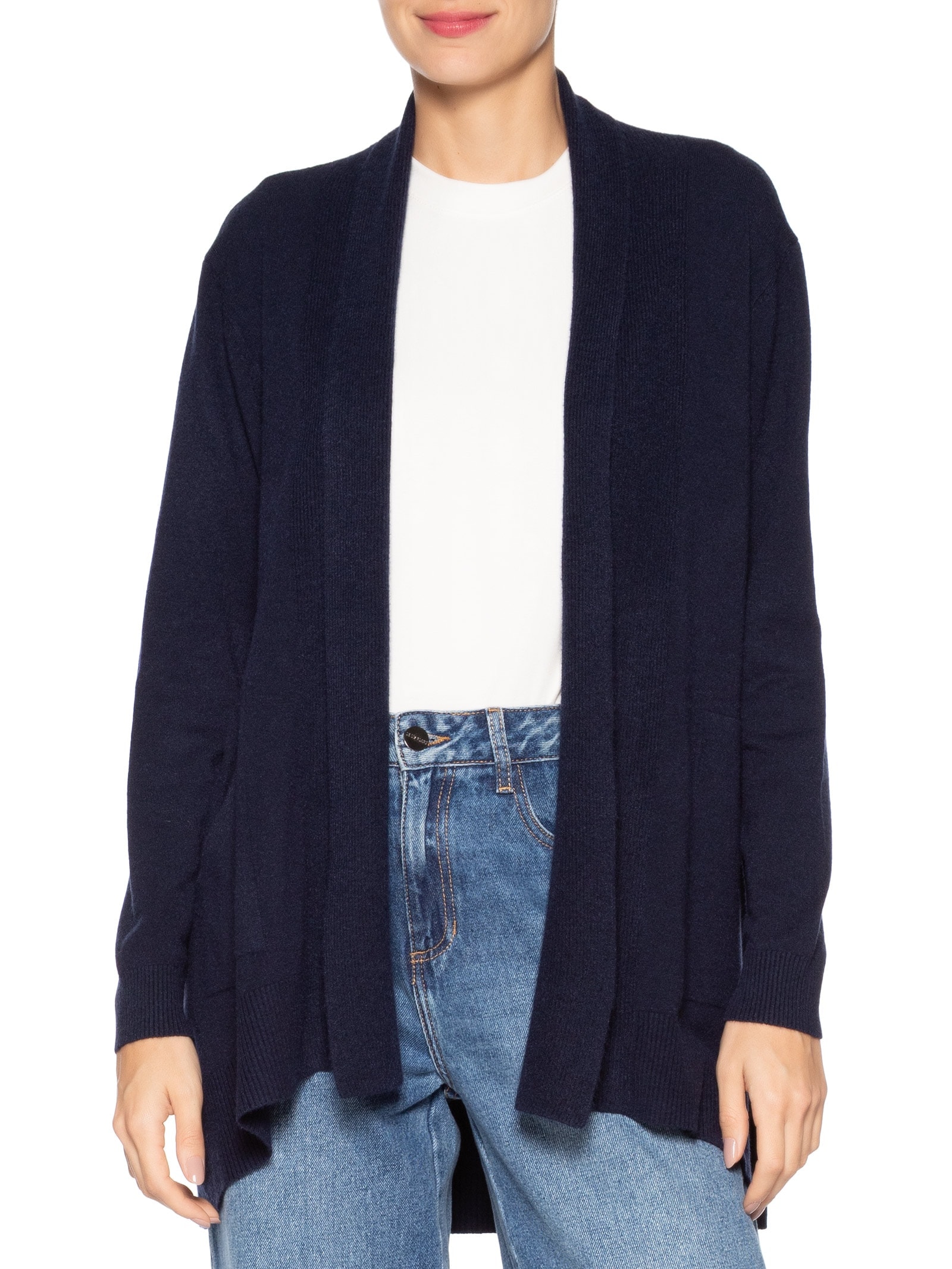 Cardigã Feminino Alongado Comfy Em Tricot Azul Basiq