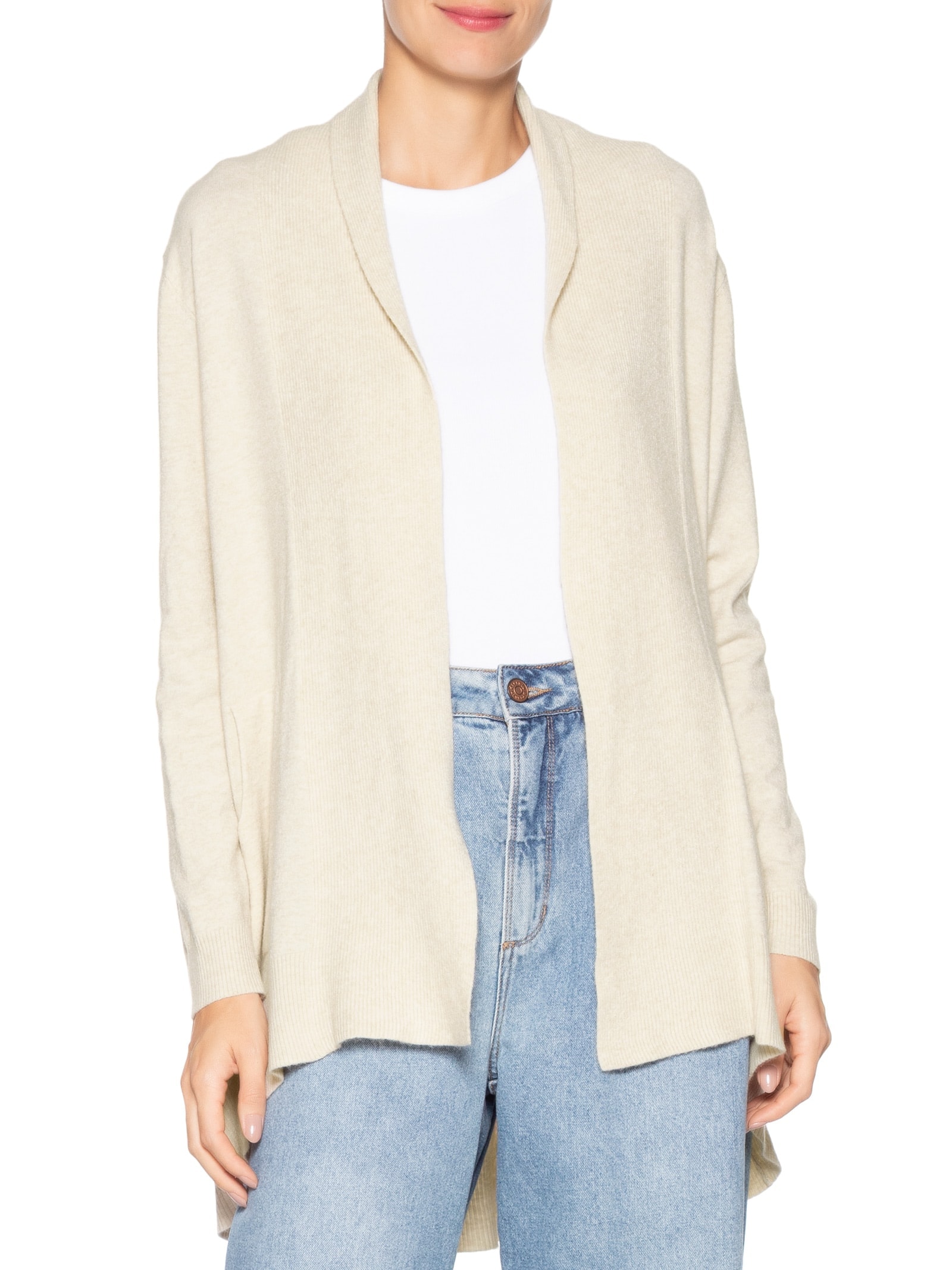 Cardigã Feminino Alongado Comfy Em Tricot Bege Basiq