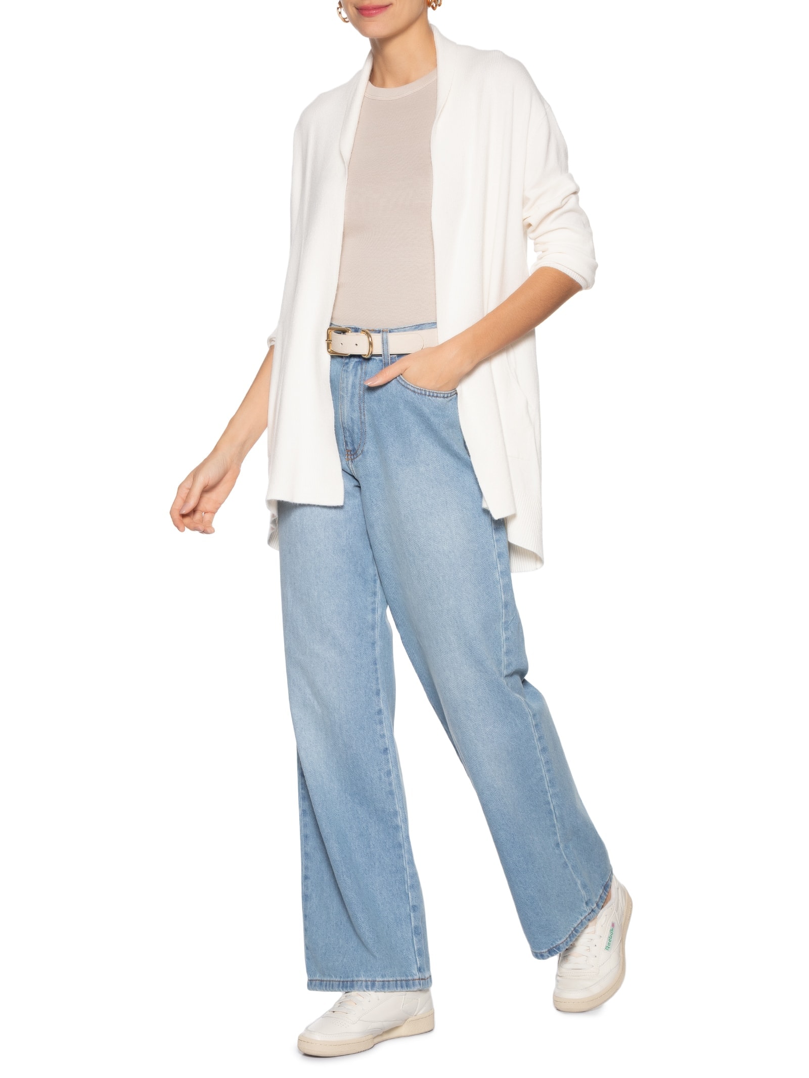 Cardigã Feminino Alongado Comfy Em Tricot Off White Basiq