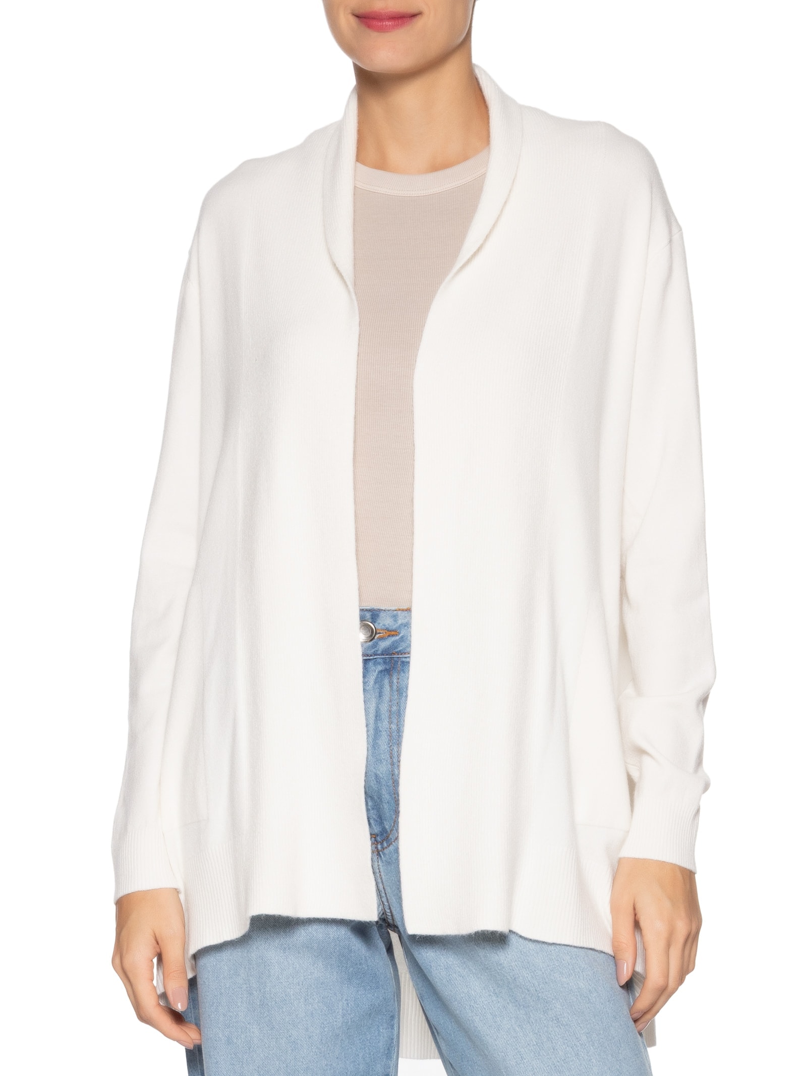 Cardigã Feminino Alongado Comfy Em Tricot Off White Basiq