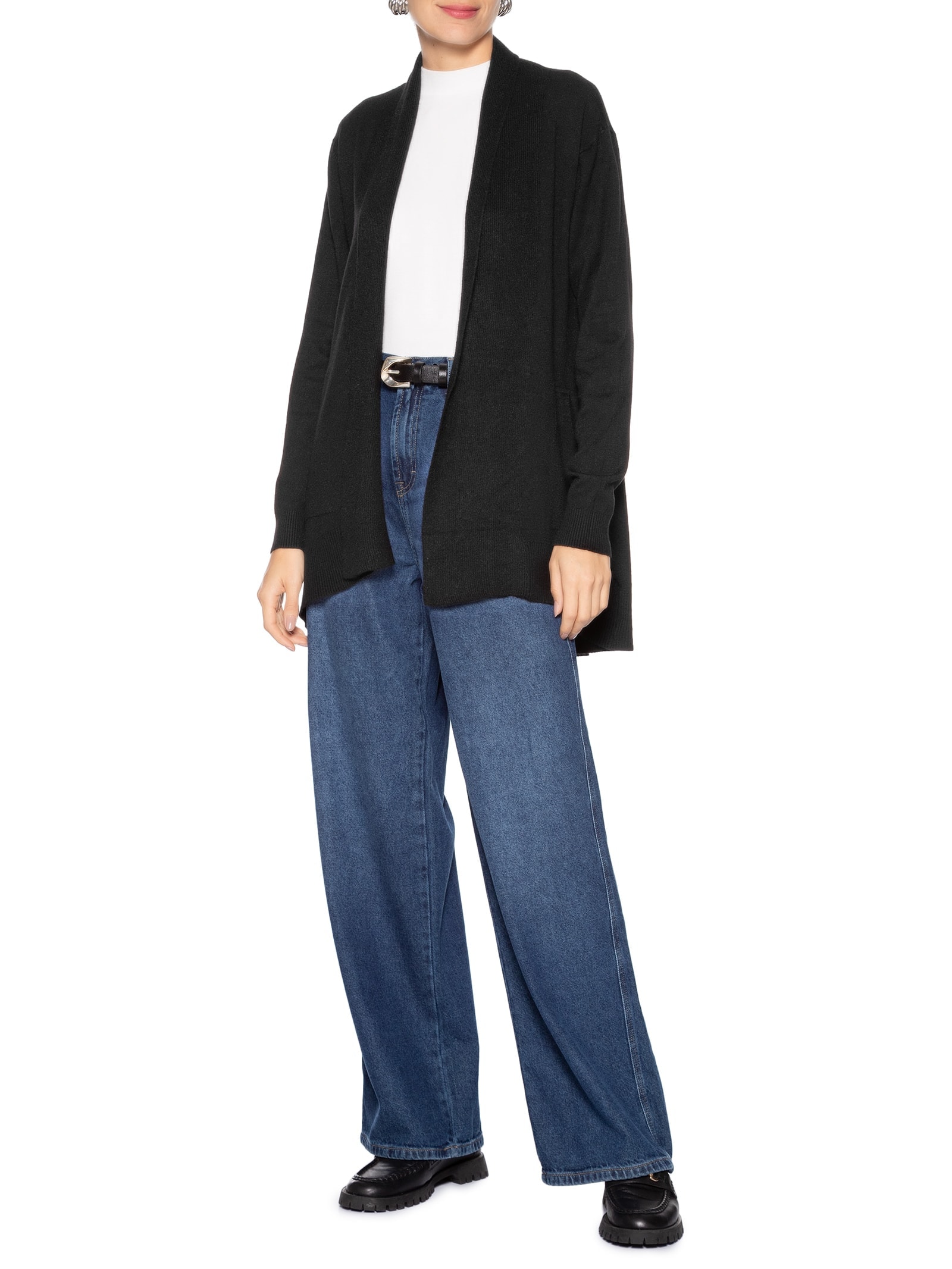 Cardigã Feminino Alongado Comfy Em Tricot Preto Basiq