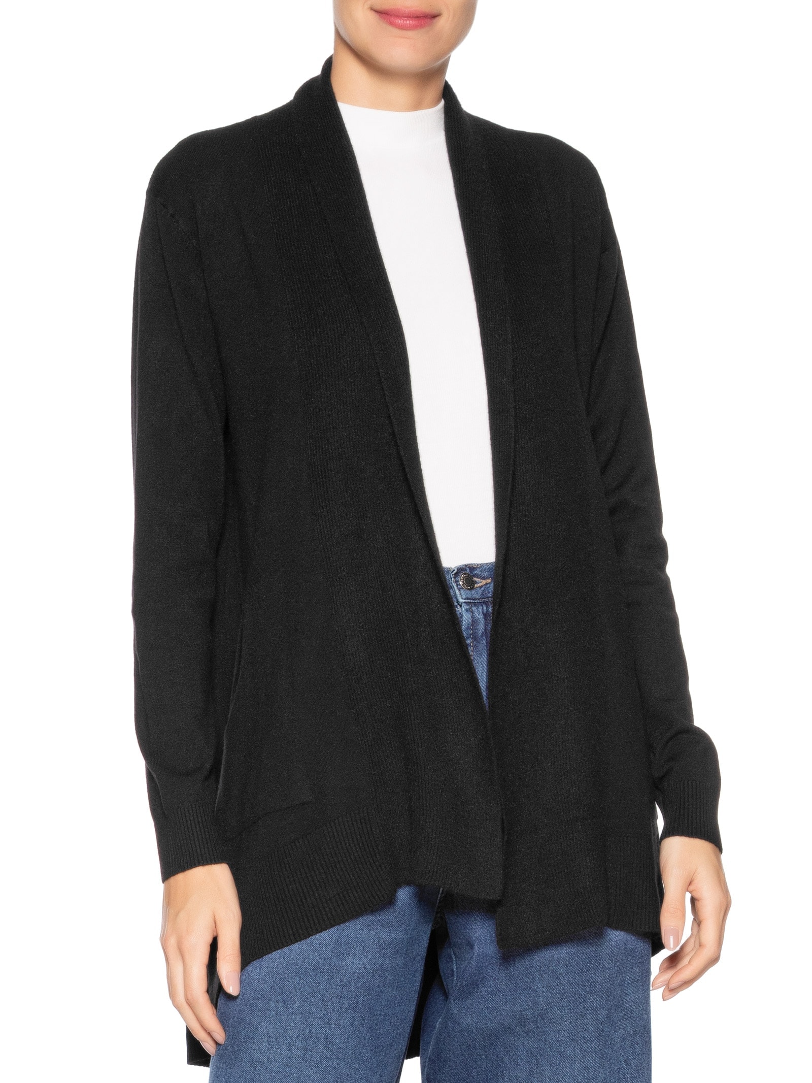 Cardigã Feminino Alongado Comfy Em Tricot Preto Basiq