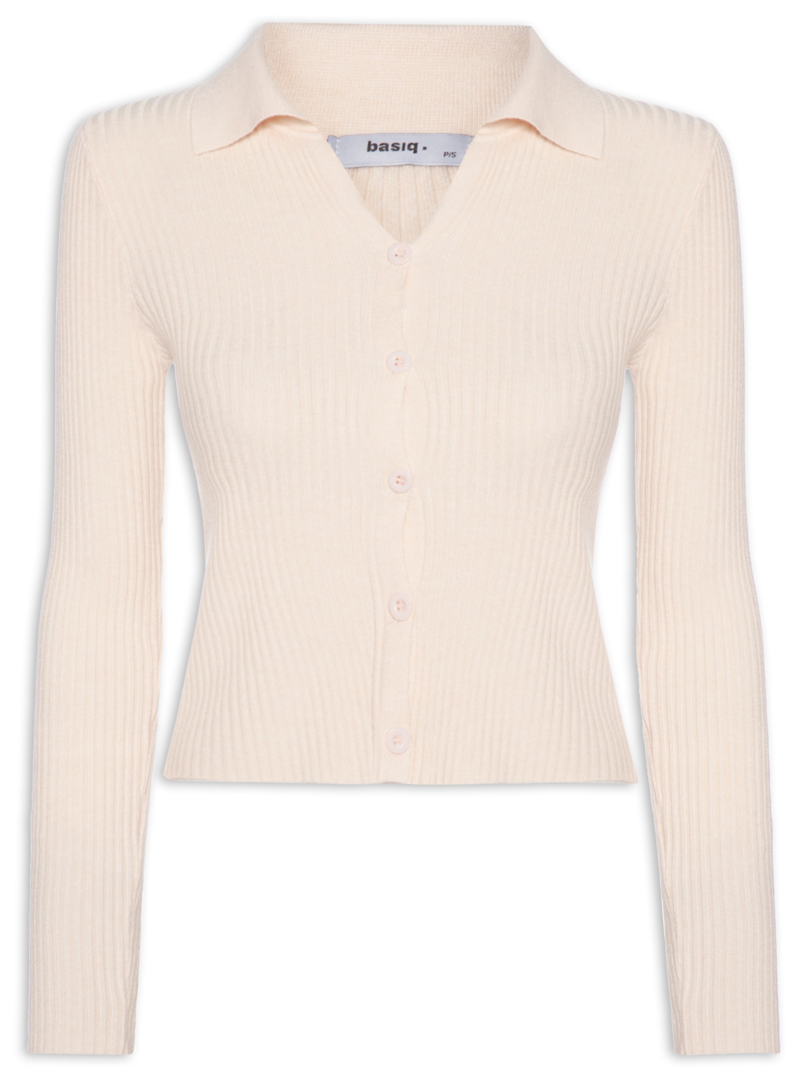Cardigã Feminino Canelado Gola Polo Bege Basiq