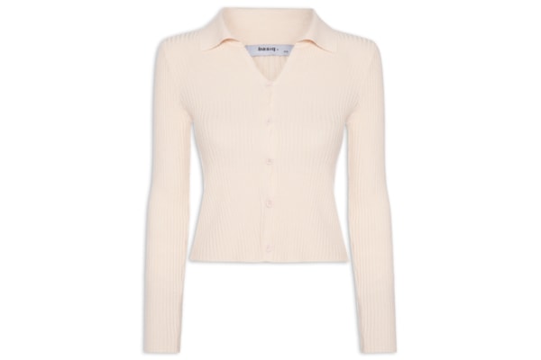 Cardigã Feminino Canelado Gola Polo - Bege