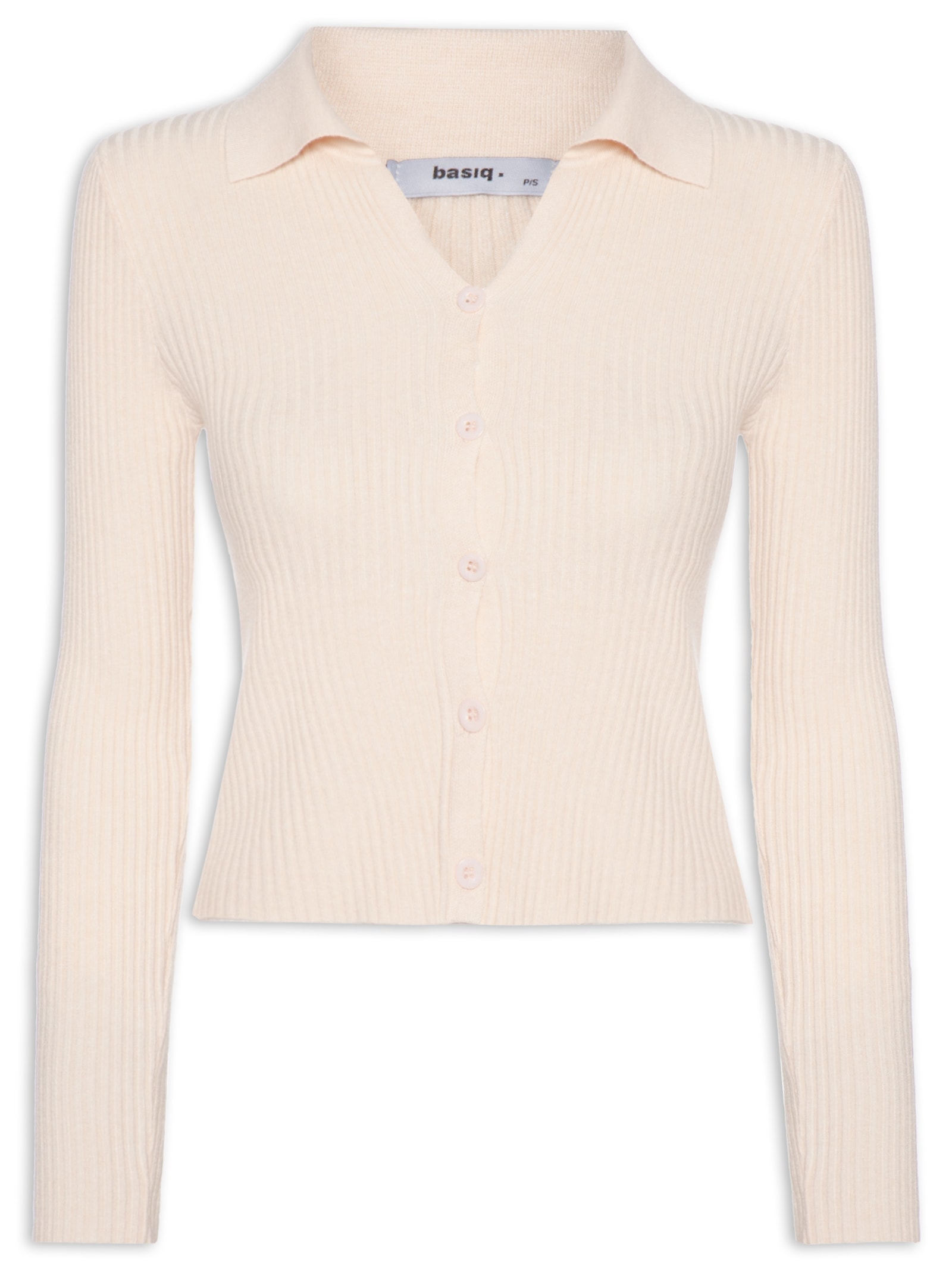 Cardigã Feminino Canelado Gola Polo Bege Basiq