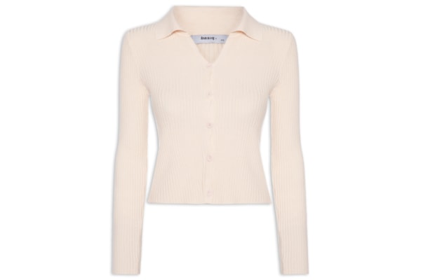 Cardigã Feminino Canelado Gola Polo - Bege