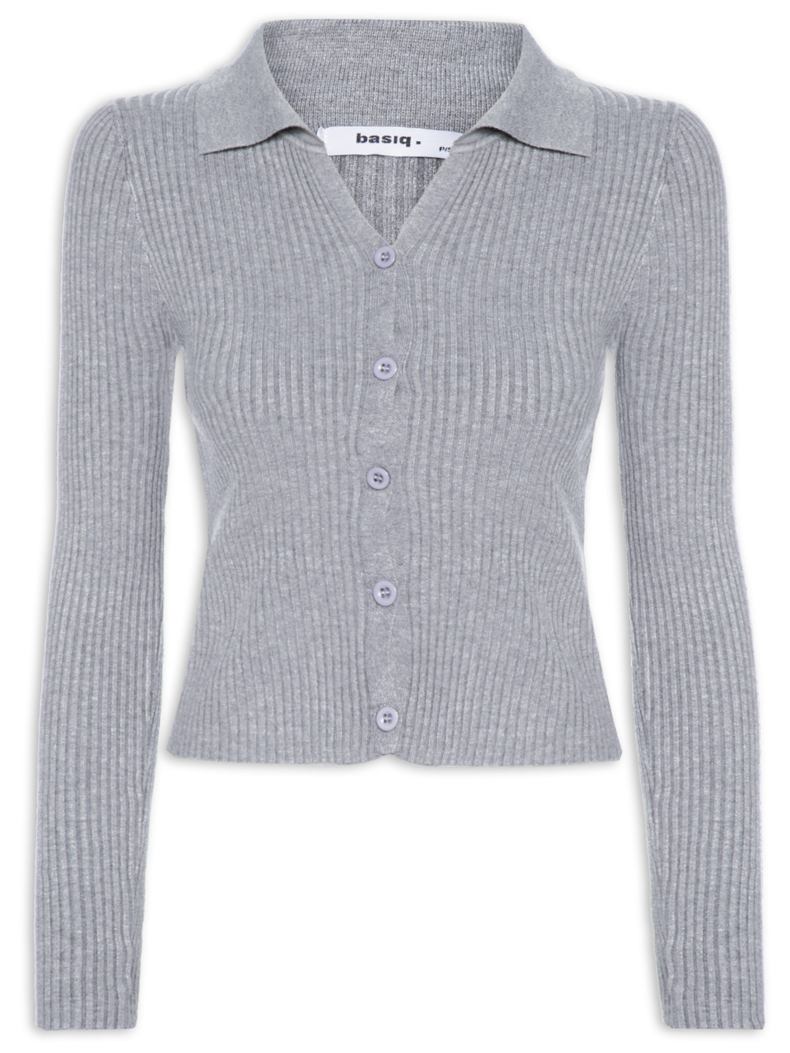 Cardigã Feminino Canelado Gola Polo Cinza Basiq