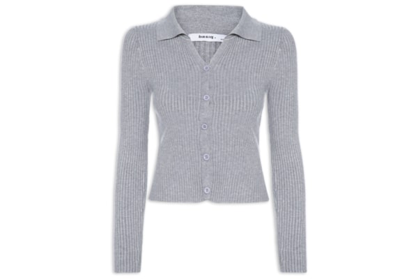 Cardigã Feminino Canelado Gola Polo - Cinza