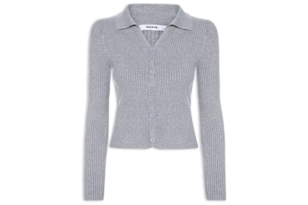 Cardigã Feminino Canelado Gola Polo - Cinza