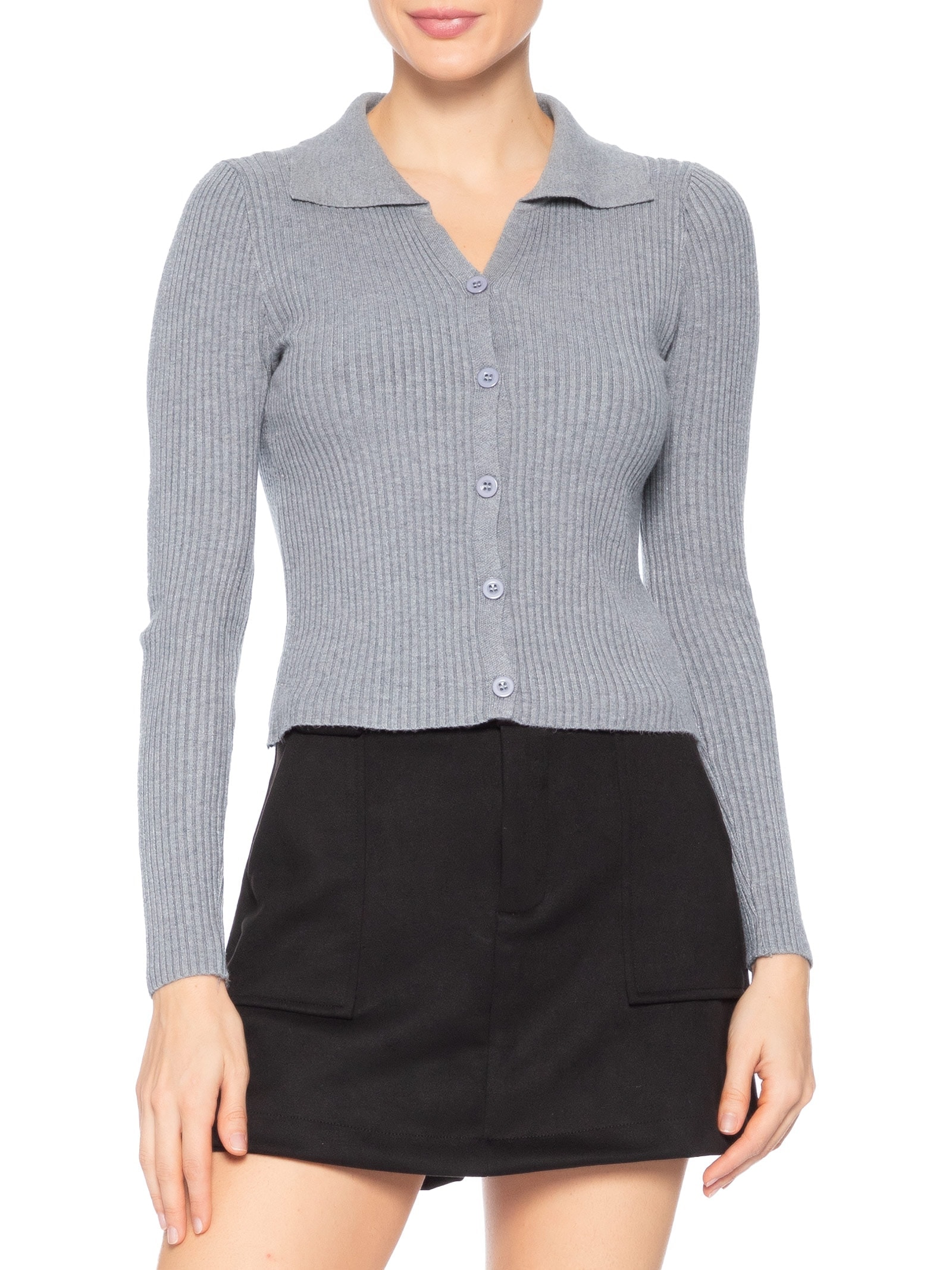 Cardigã Feminino Canelado Gola Polo Cinza Basiq