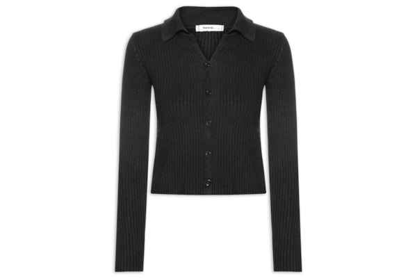 Cardigã Feminino Canelado Gola Polo - Preto