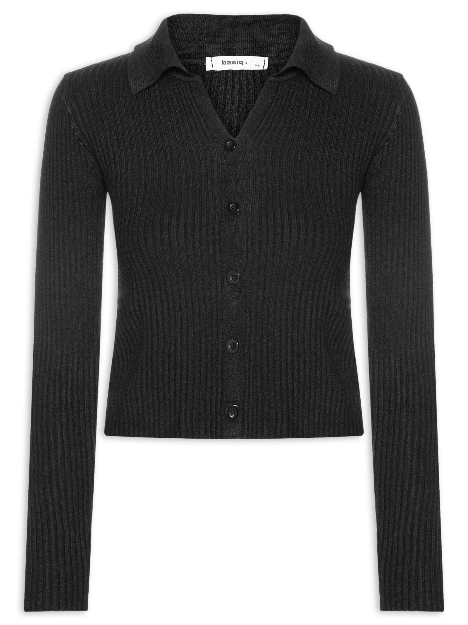 Cardigã Feminino Canelado Gola Polo Preto Basiq