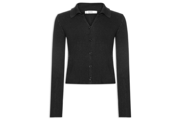 Cardigã Feminino Canelado Gola Polo - Preto