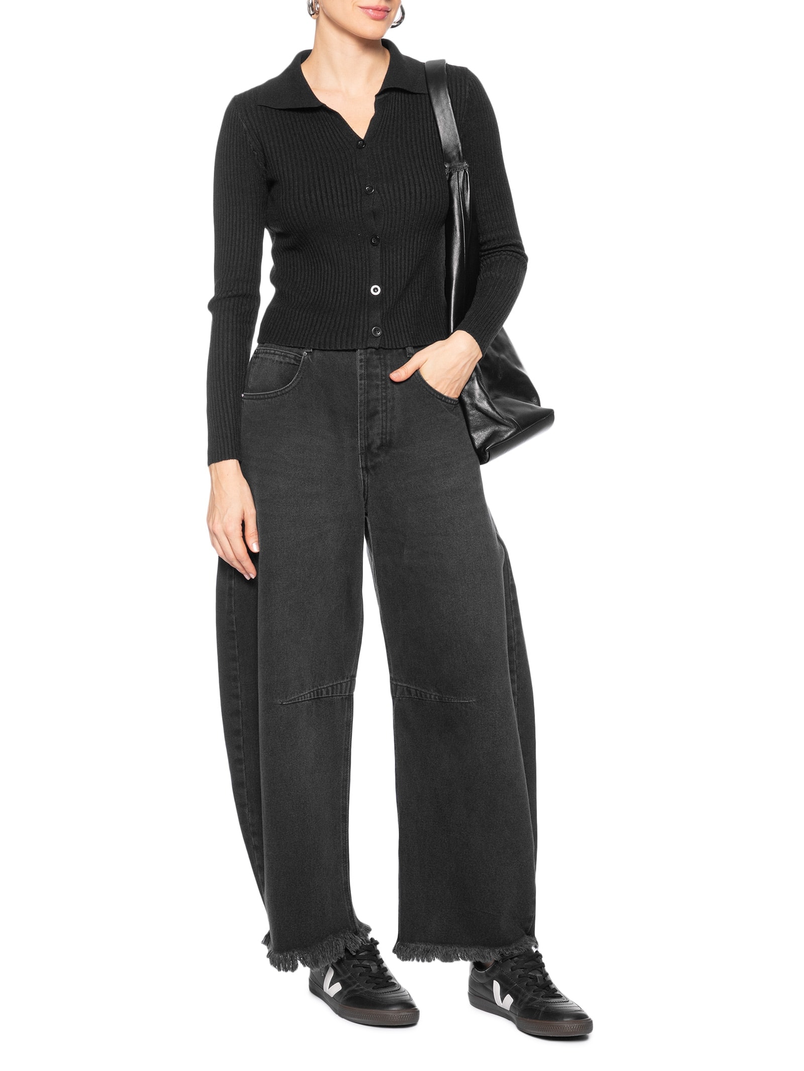 Cardigã Feminino Canelado Gola Polo Preto Basiq