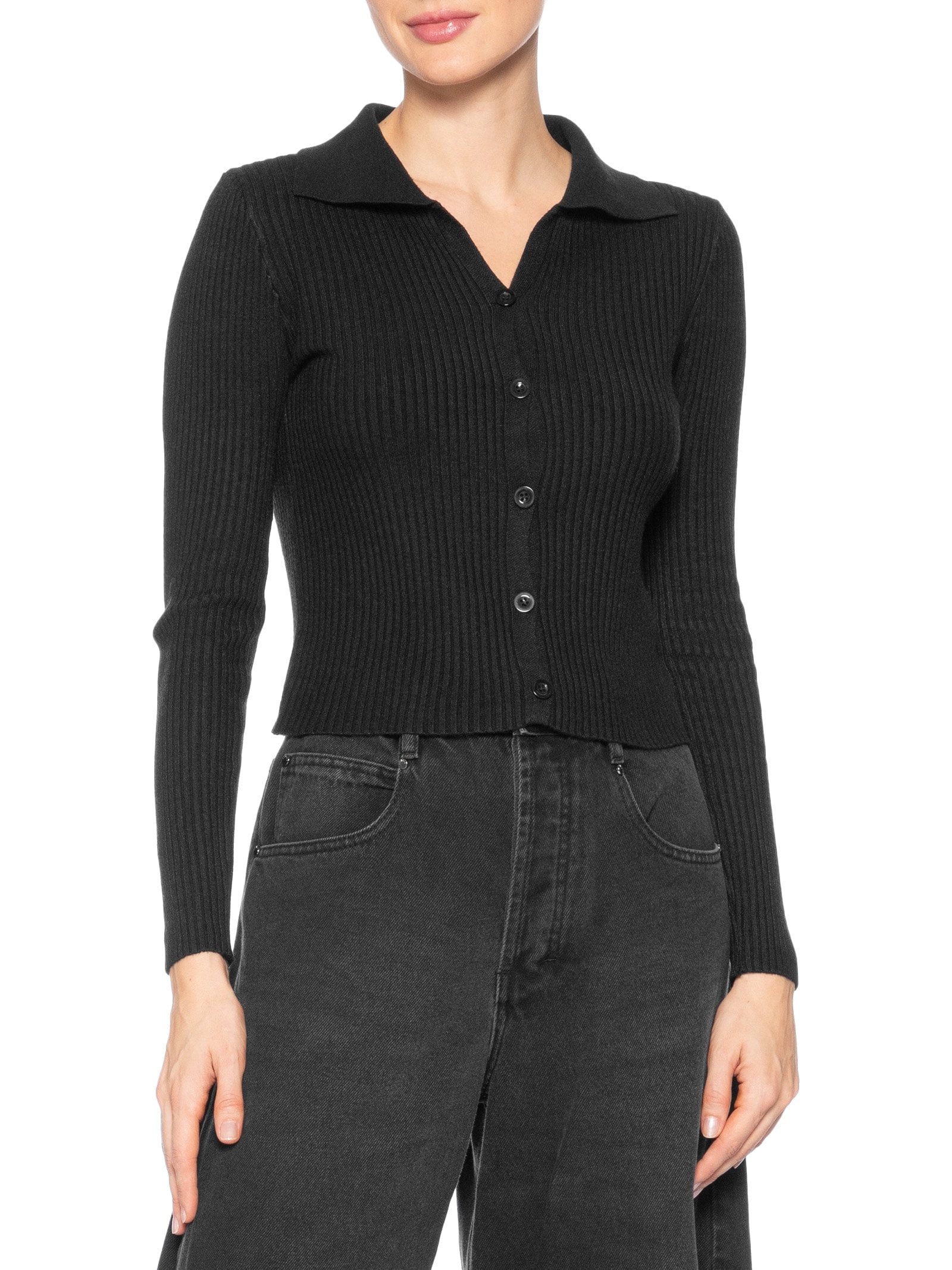 Cardigã Feminino Canelado Gola Polo Preto Basiq