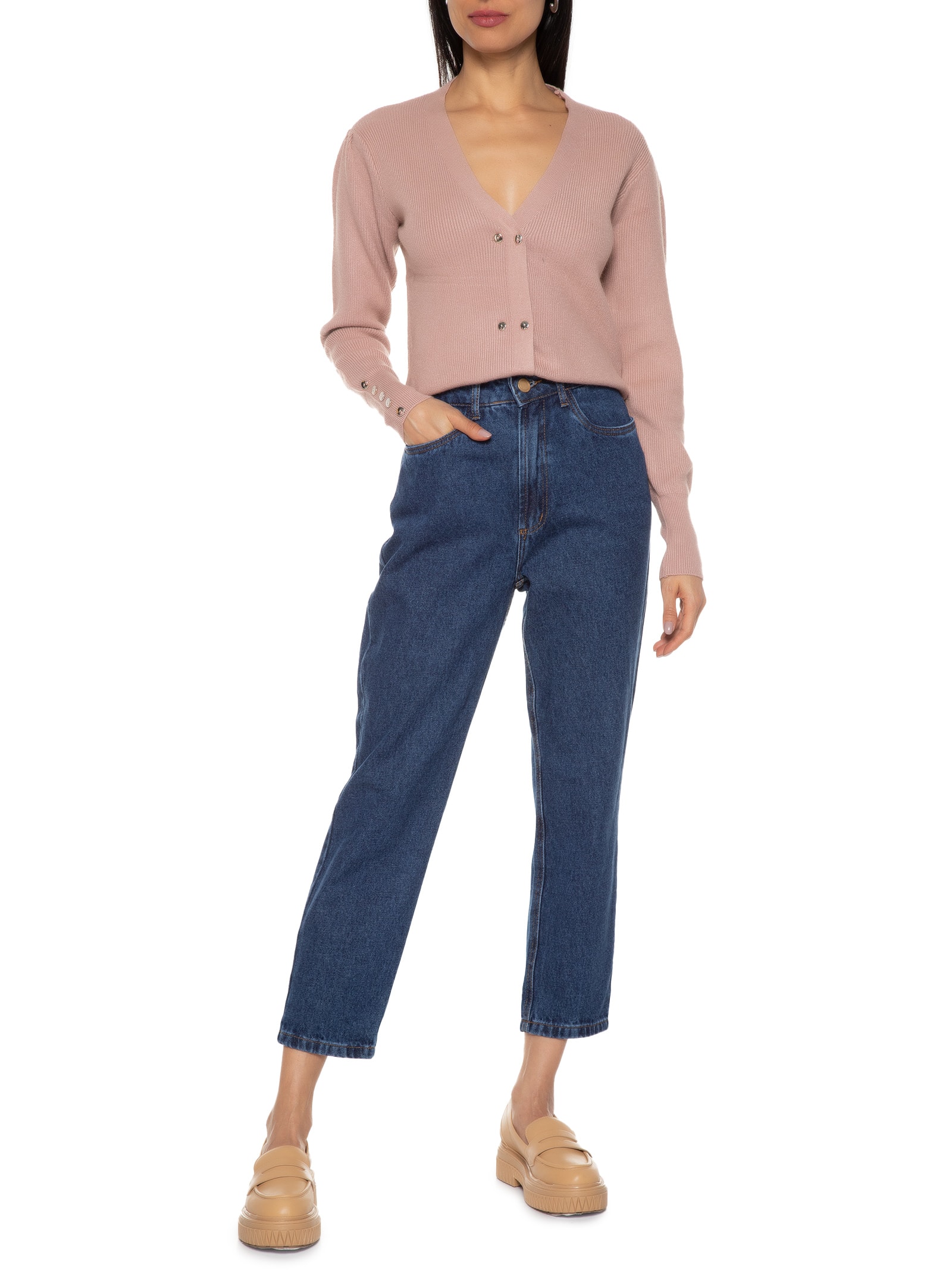 Cardigã Feminino Com Abotoamento Duplo Rosa Market 33