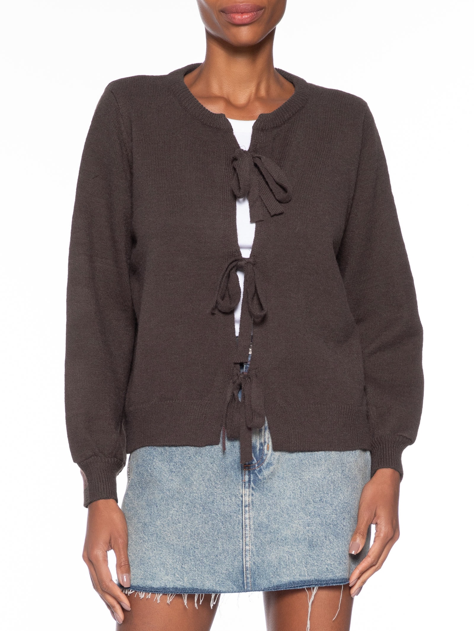 Cardigã Feminino Com Amarração Marrom Market 33
