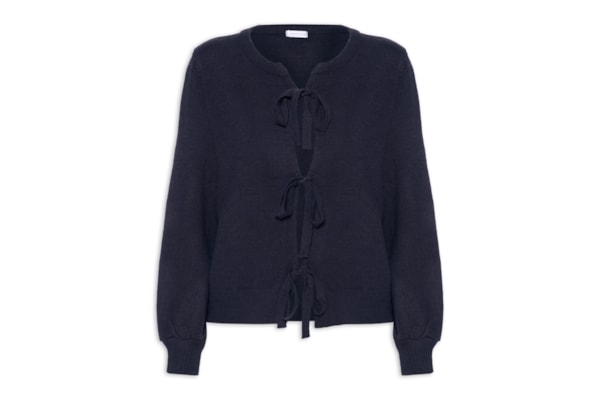 Cardigã Feminino Em Tricot Com Amarração - Azul