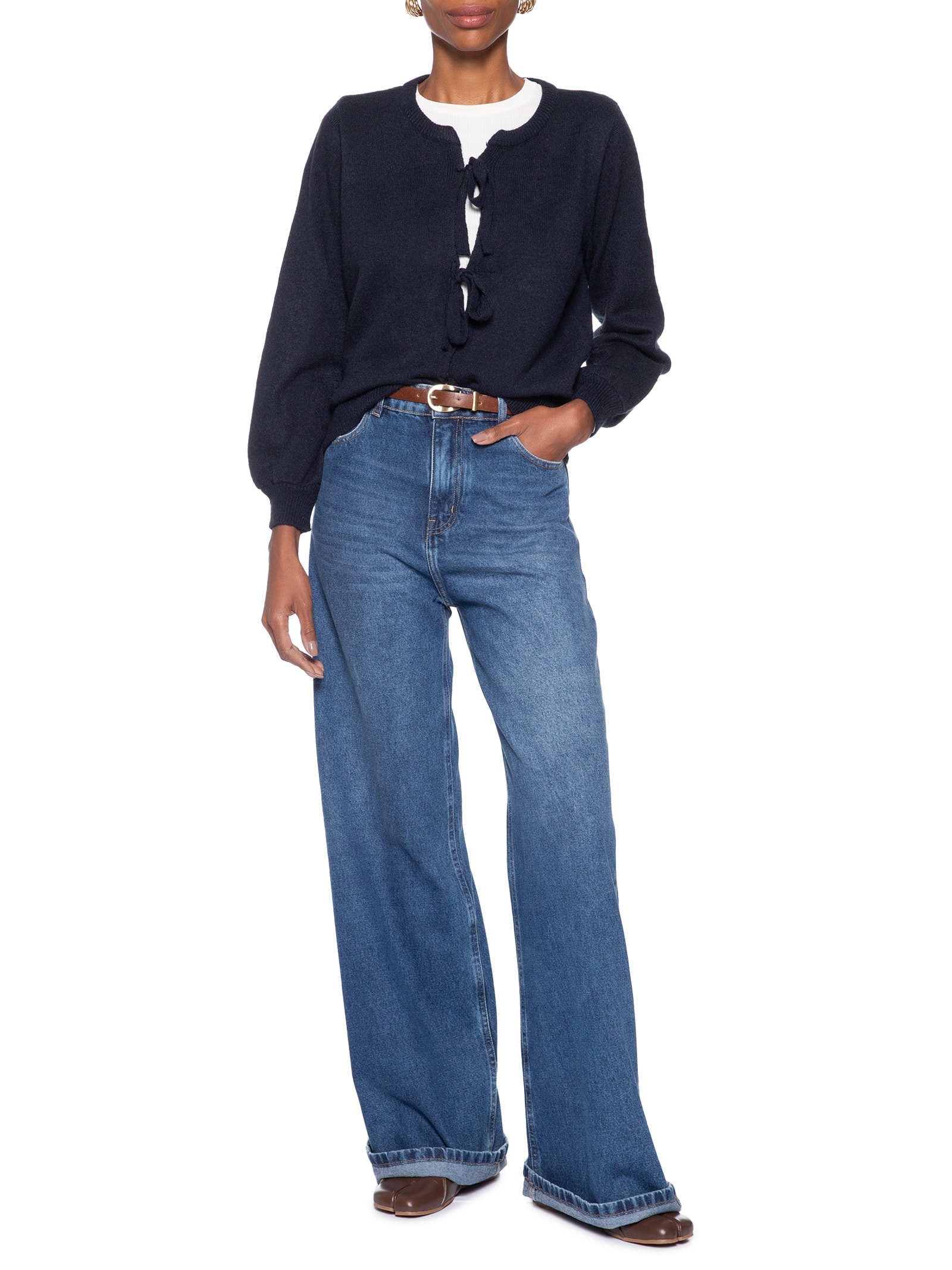Cardigã Feminino Em Tricot Com Amarração Azul Market 33