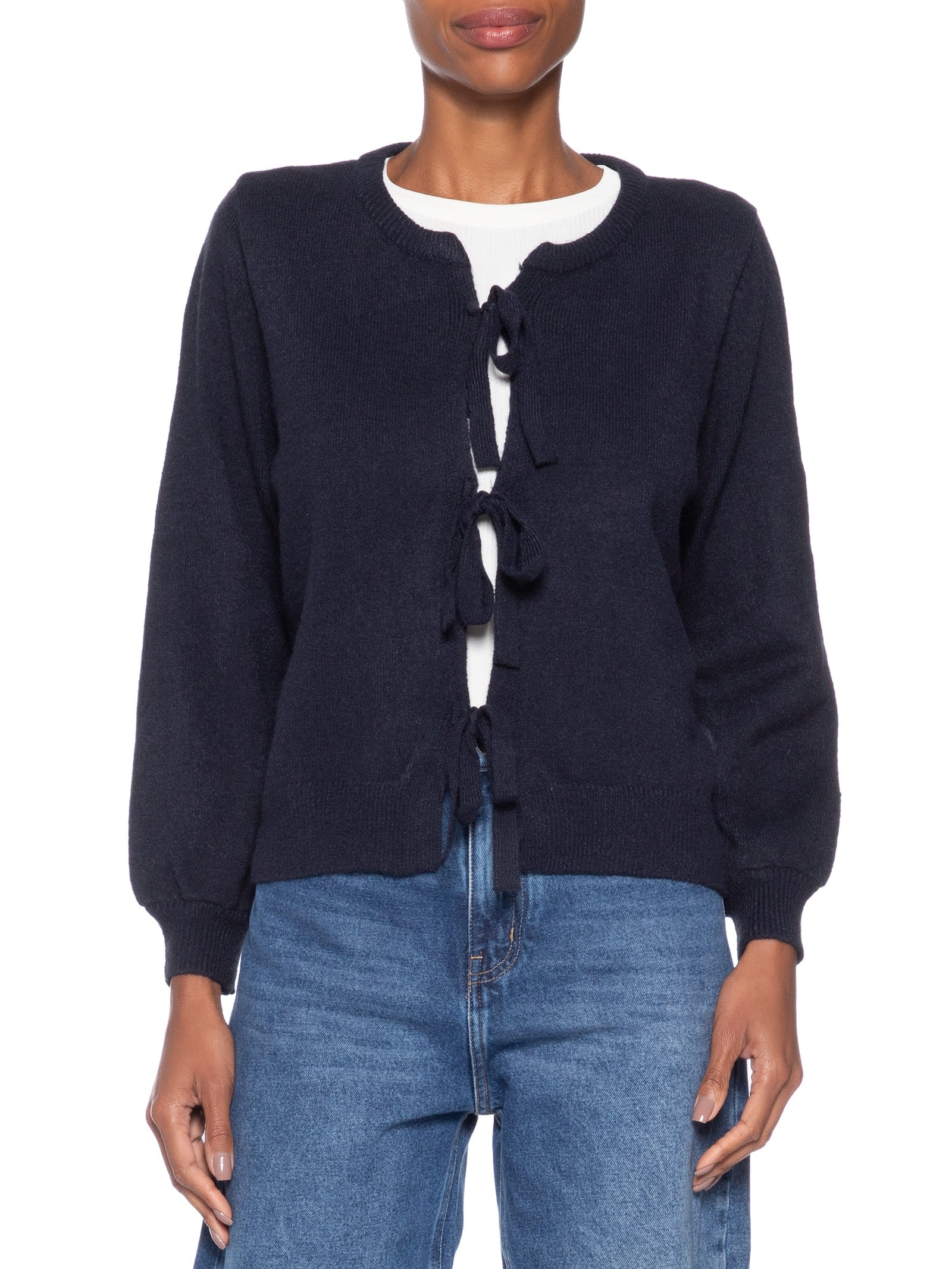 Cardigã Feminino Em Tricot Com Amarração Azul Market 33