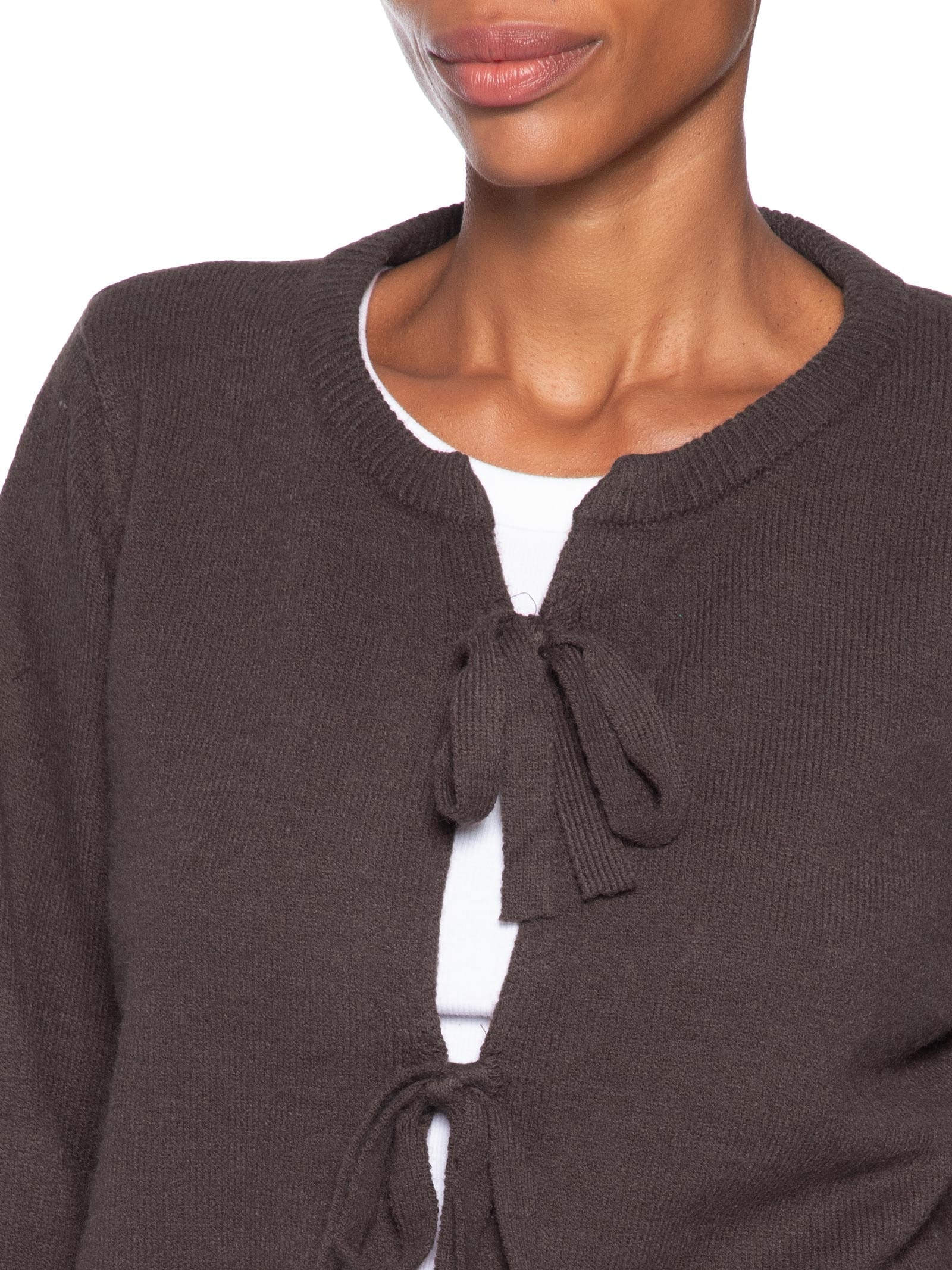 Cardigã Feminino Em Tricot Com Amarração  Marrom Market 33