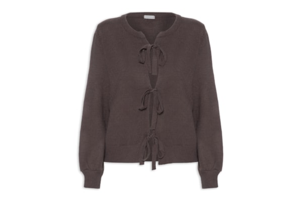 Cardigã Feminino Em Tricot Com Amarração  - Marrom