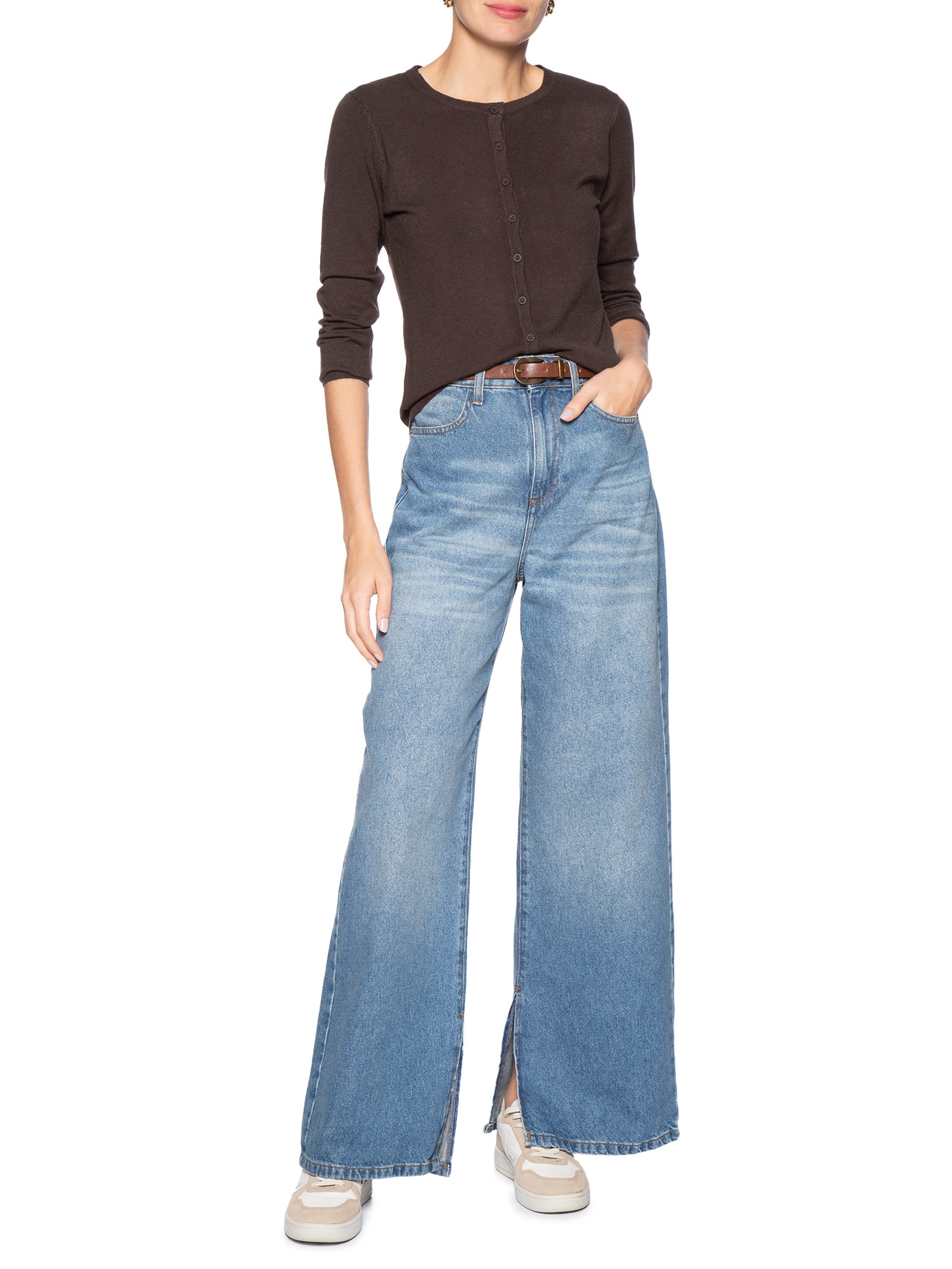 Cardigã Feminino Em Tricot Marrom Basiq