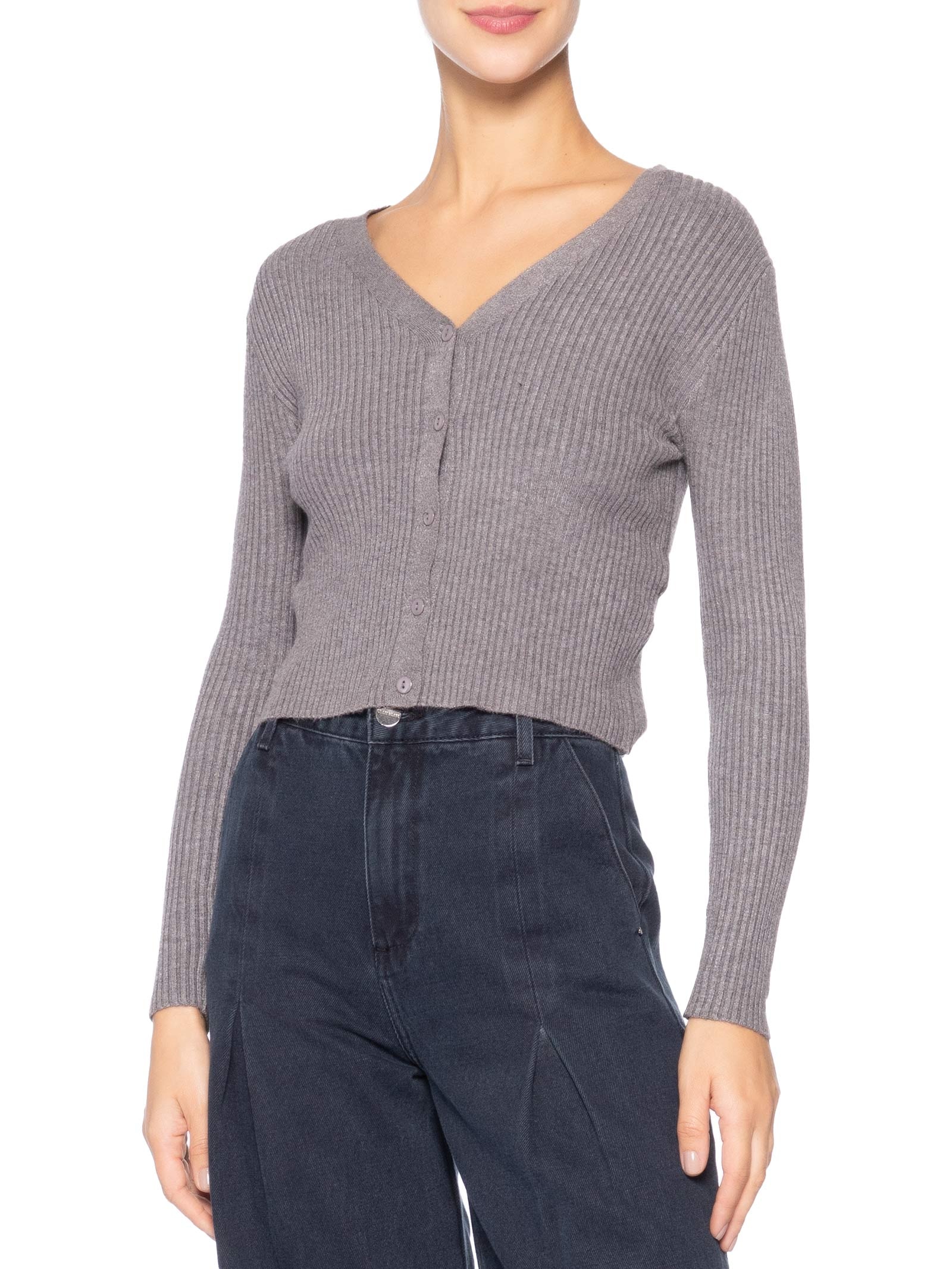 Cardigã Feminino Gola V Cinza Basiq