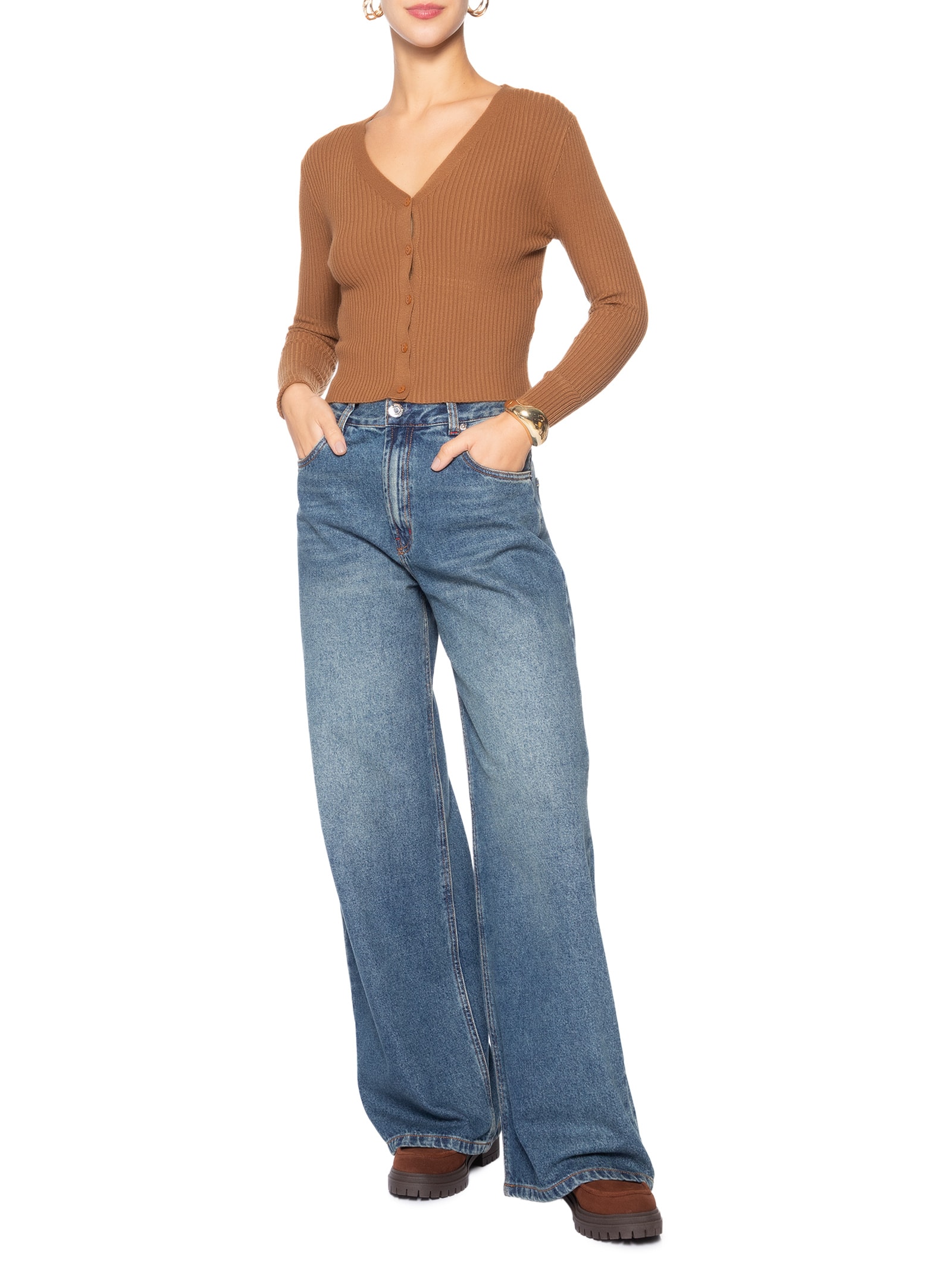 Cardigã Feminino Gola V Marrom Basiq