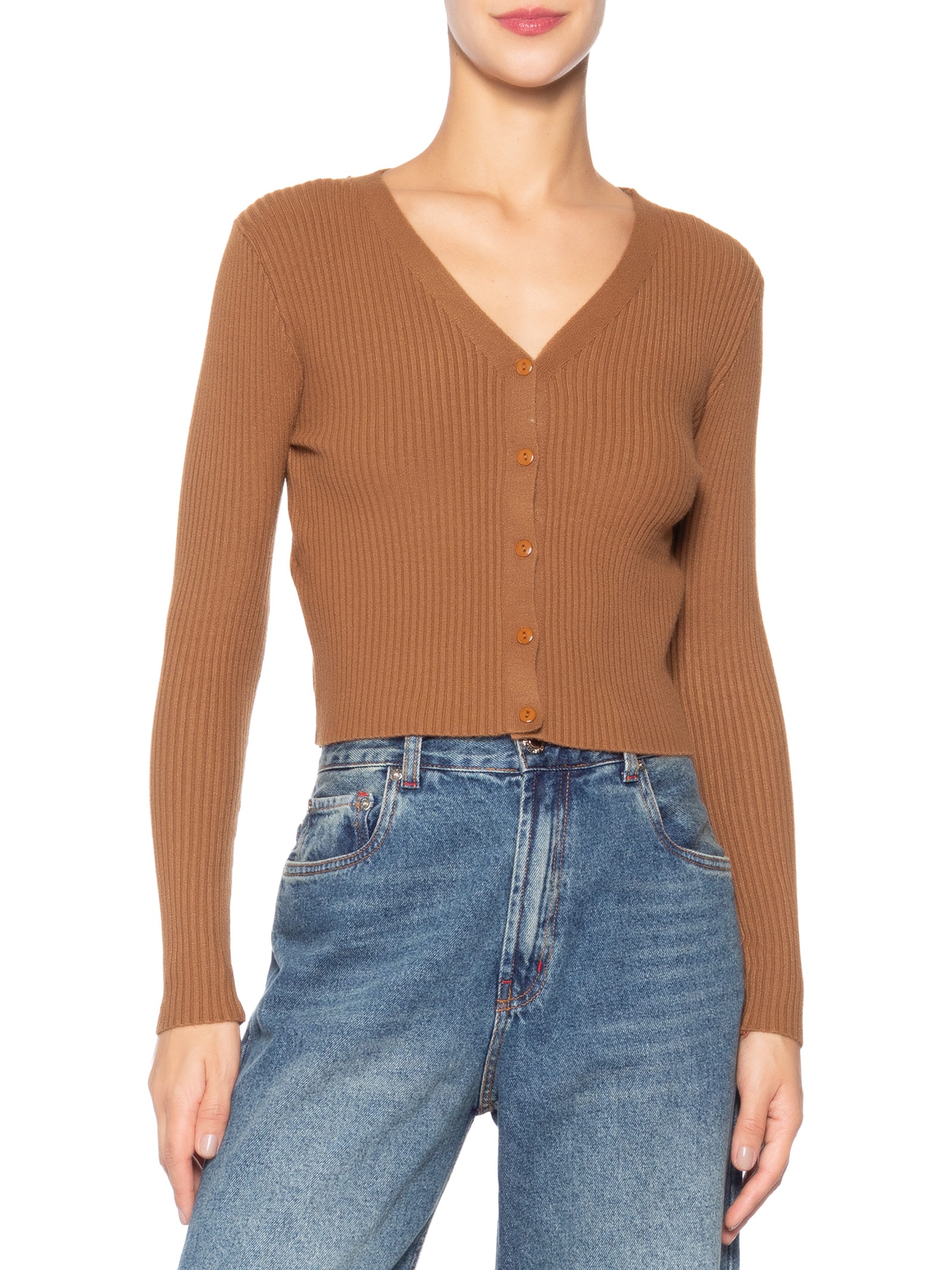 Cardigã Feminino Gola V Marrom Basiq
