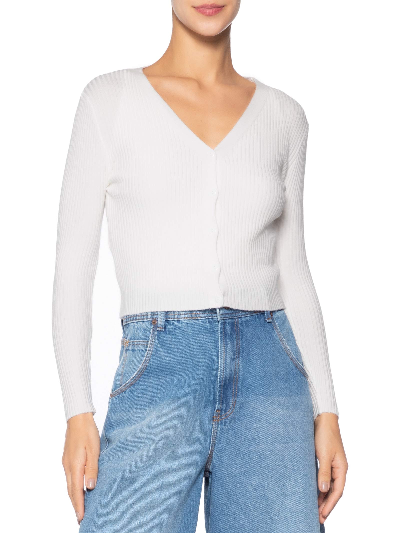 Cardigã Feminino Gola V Off White Basiq