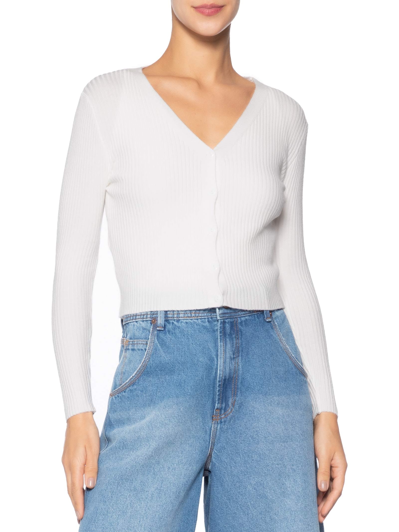 Cardigã Feminino Gola V Off White Basiq