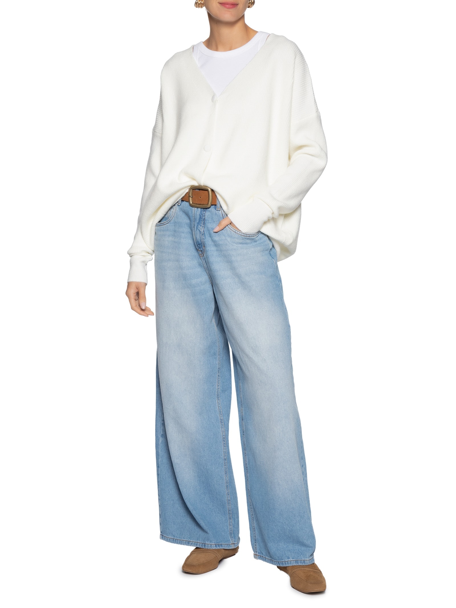 Cardigã Feminino Oversized Texturizado Off White Basiq