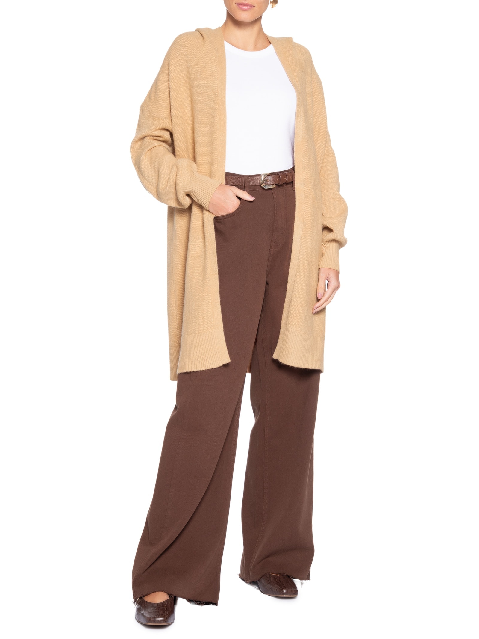 Cardigã Feminino Tricot Alongada Com Capuz Bege Basiq