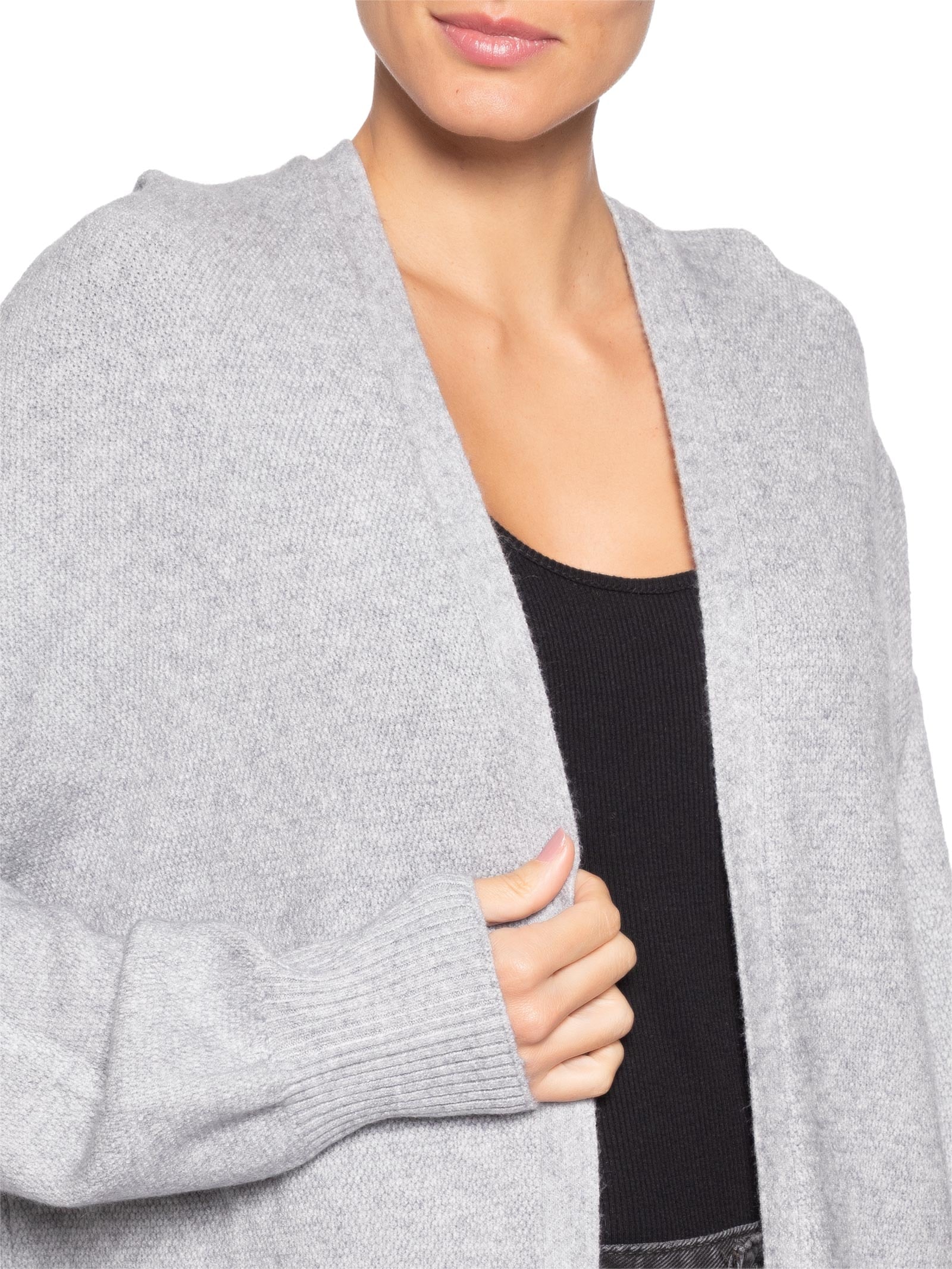Cardigã Feminino Tricot Alongada Com Capuz Cinza Basiq