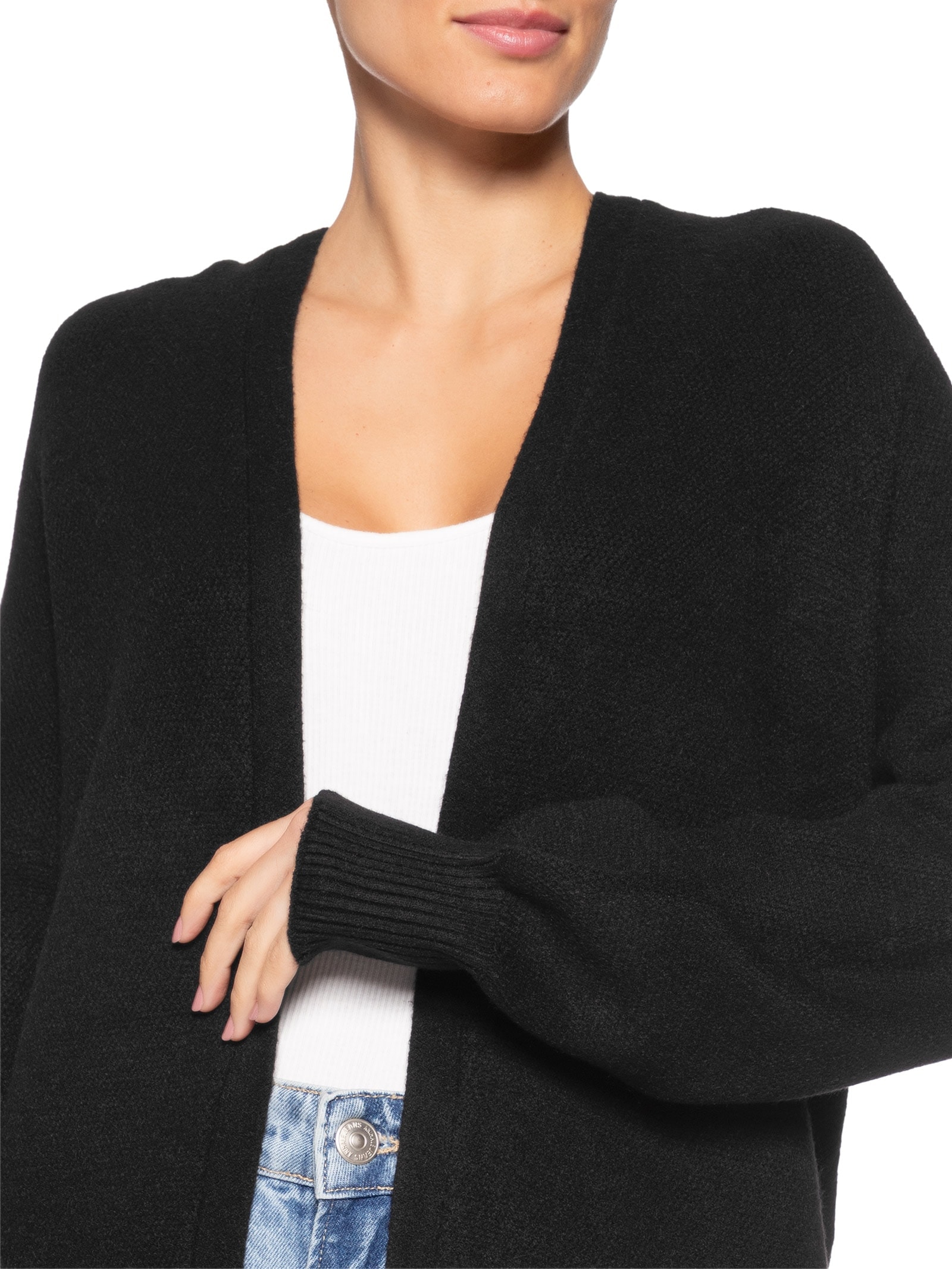 Cardigã Feminino Tricot Alongada Com Capuz Preto Basiq
