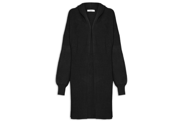 Cardigã Feminino Tricot Alongada Com Capuz - Preto