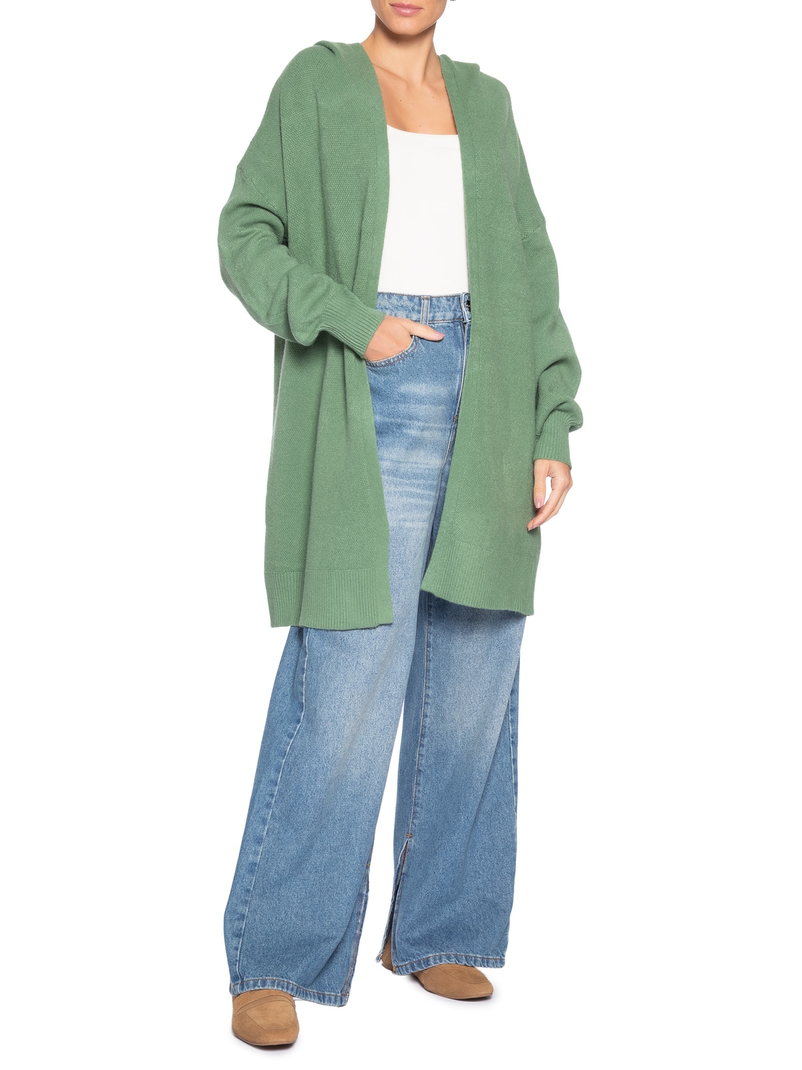 Cardigã Feminino Tricot Alongada Com Capuz Verde Basiq