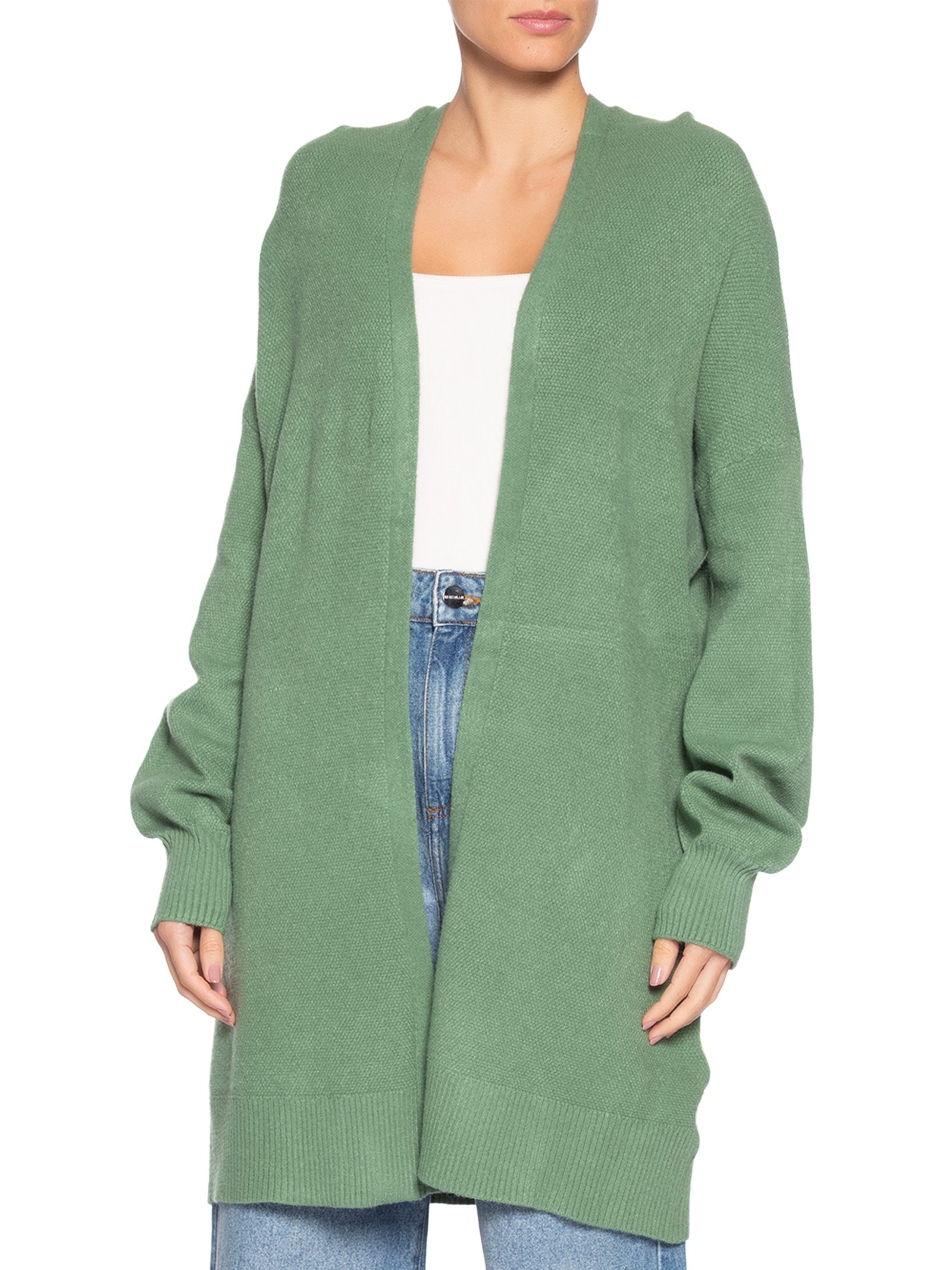 Cardigã Feminino Tricot Alongada Com Capuz Verde Basiq